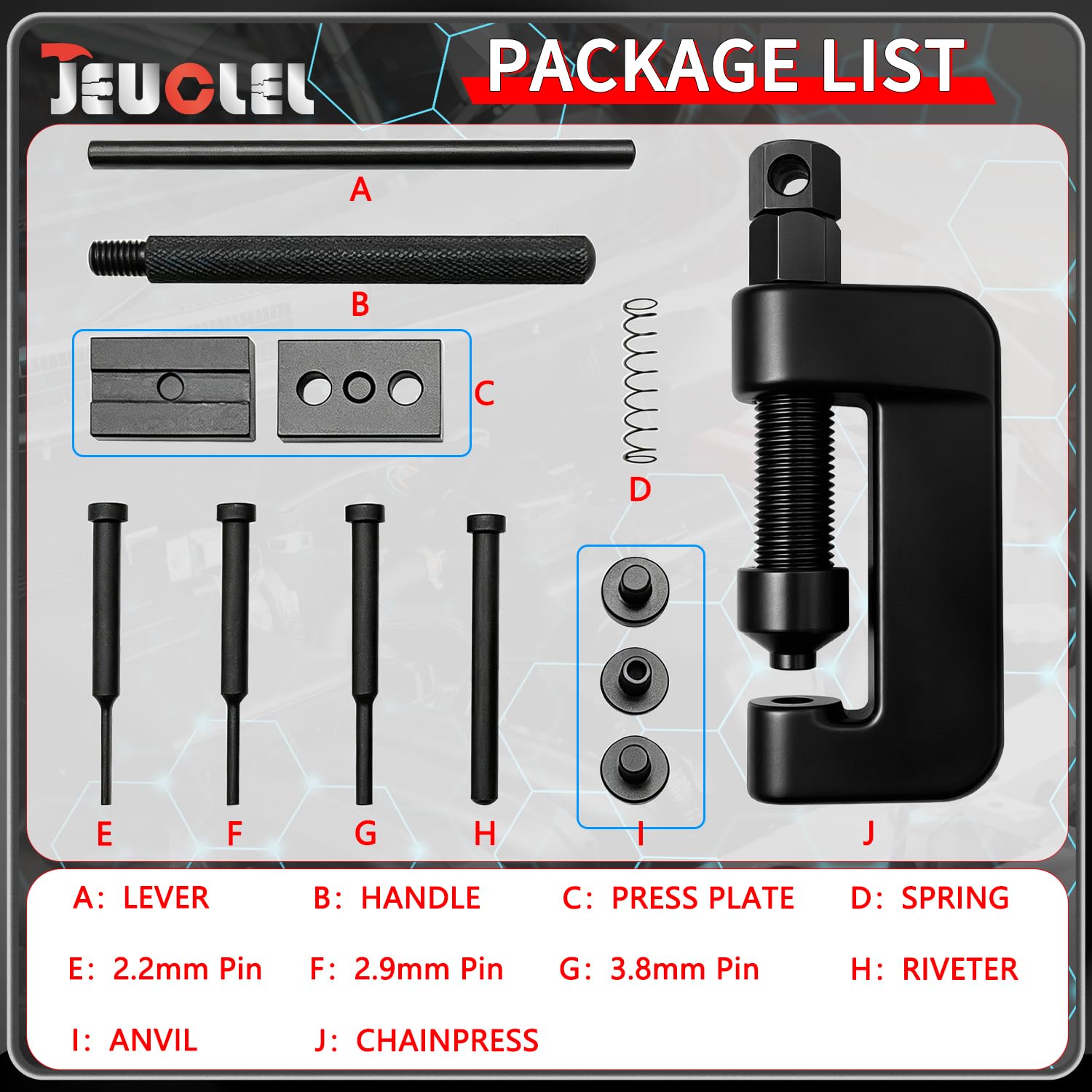 JEUCLEL open case showing organized pins, anvils, plates and riveter for fast setup
