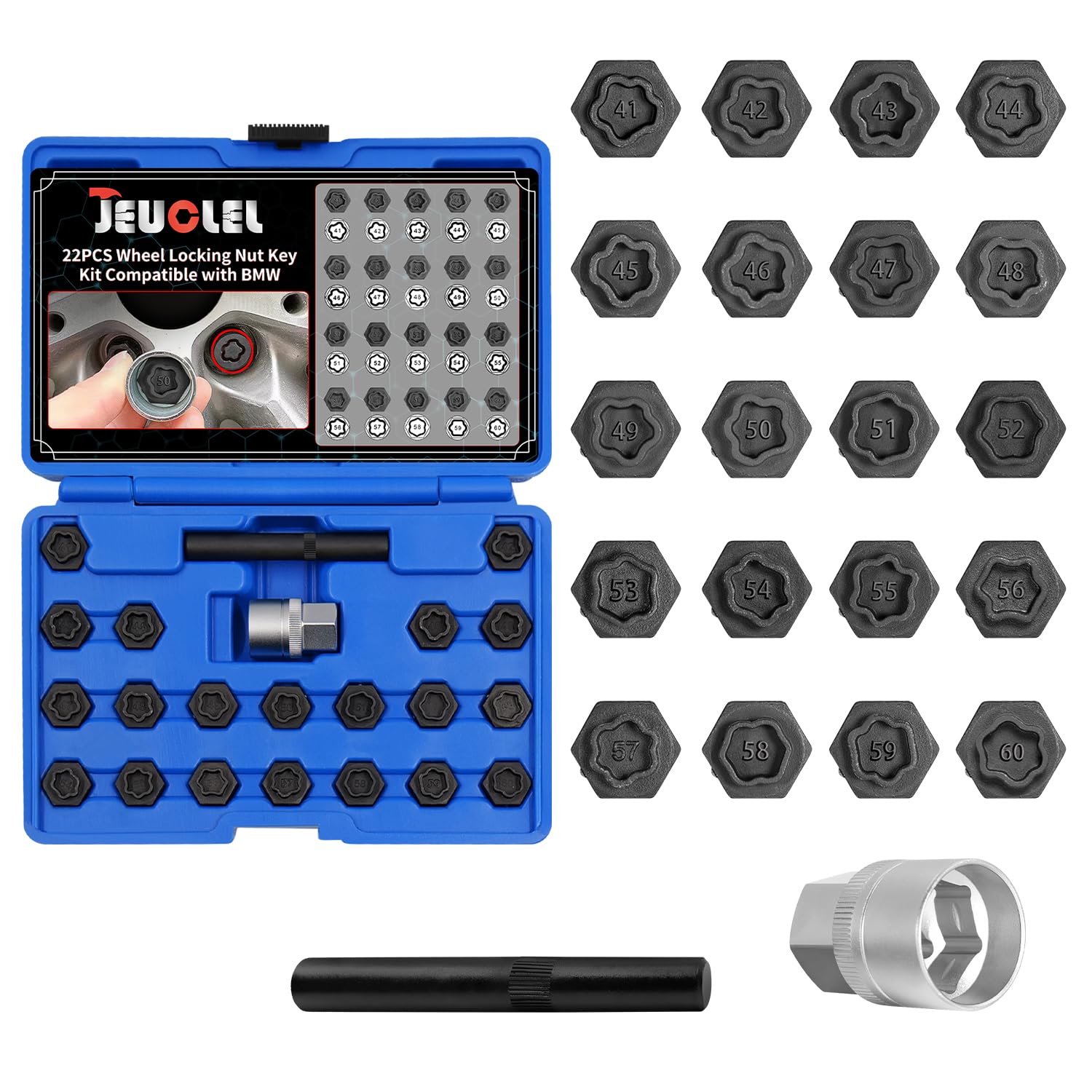 JEUCLEL front case open showing organized 22-piece kit for quick access