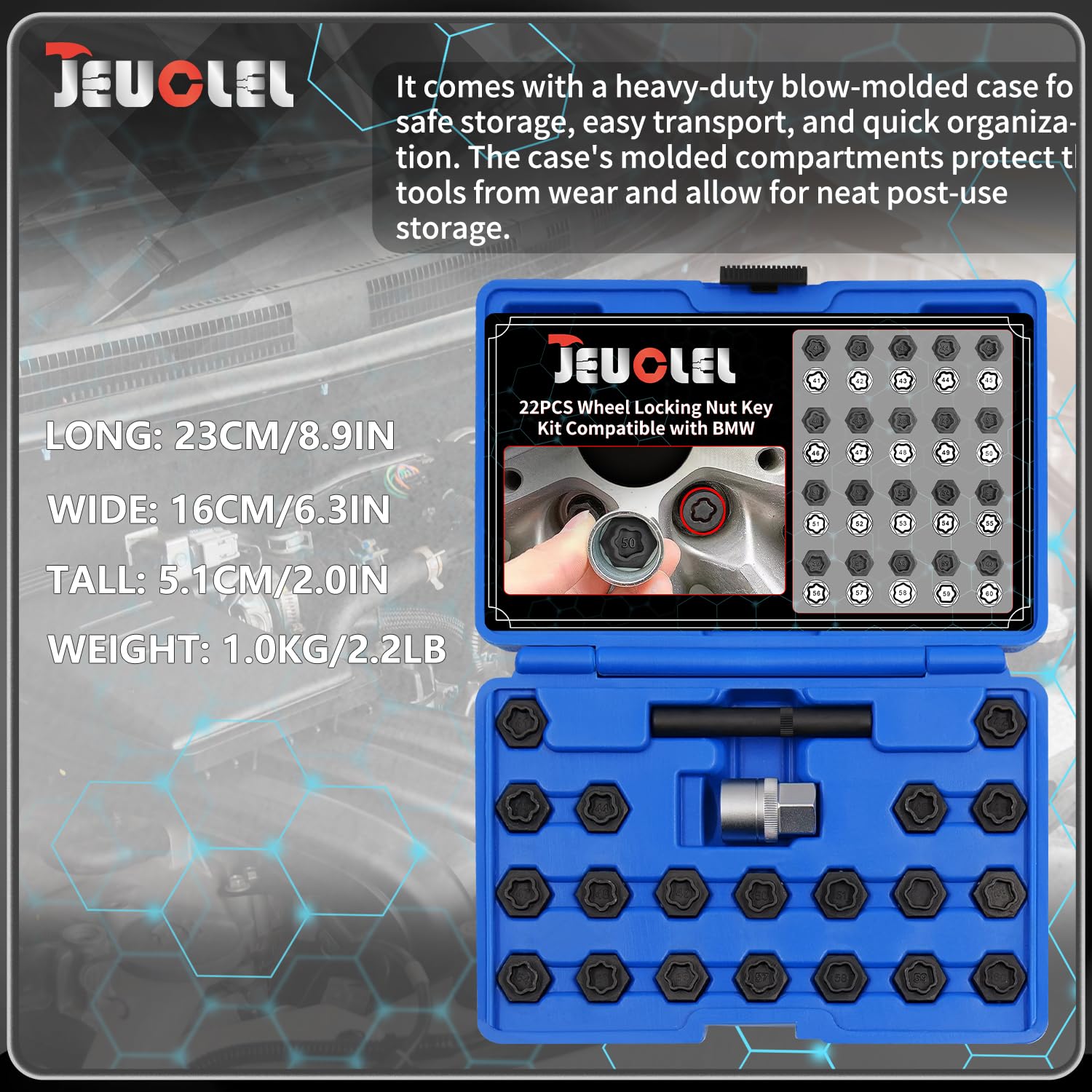 JEUCLEL kit in car trunk for emergency wheel changes and peace of mind