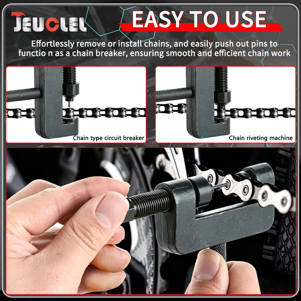 JEUCLEL pin set detail displaying 2.2mm, 2.9mm, 3.8mm pins for versatile chain sizes