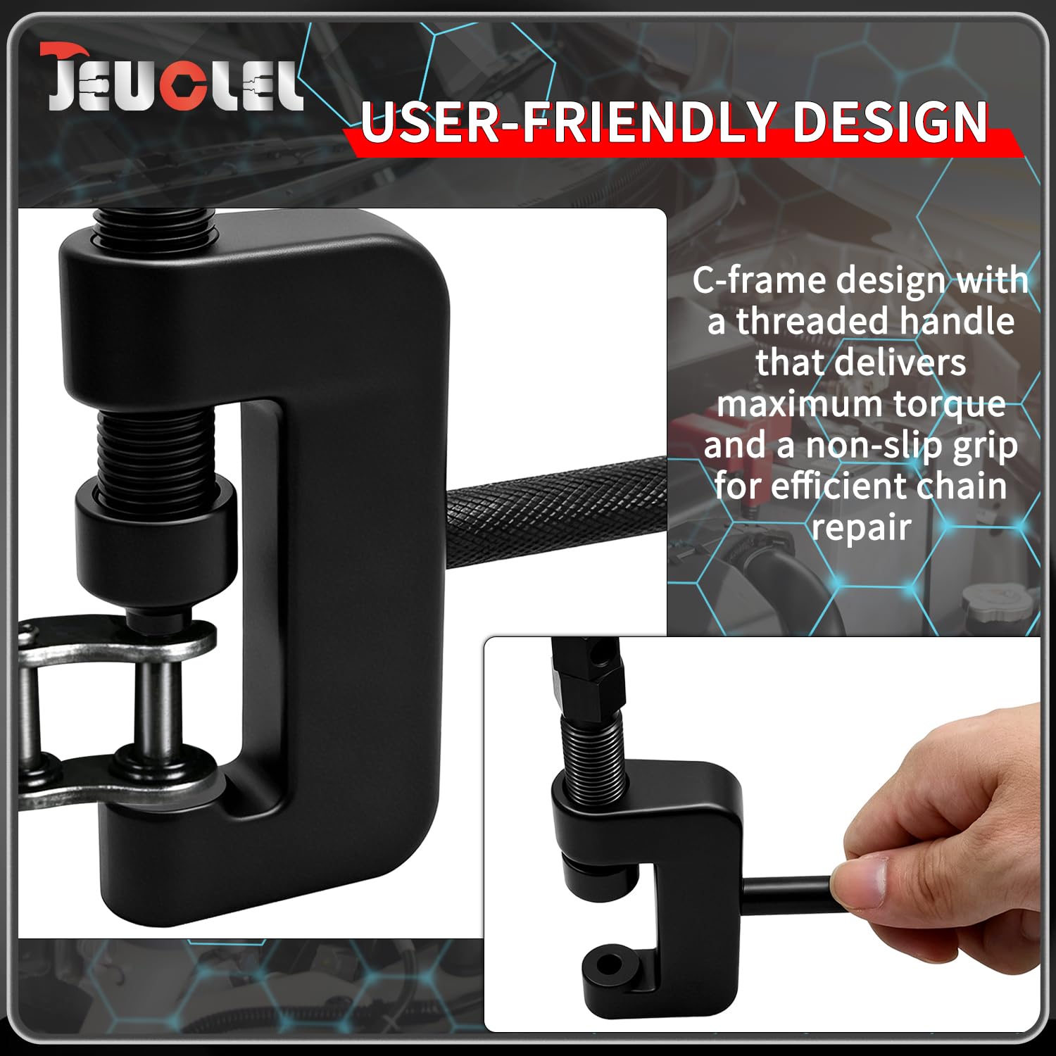 JEUCLEL riveter and anvils closeup for precise rivet forming and secure link press