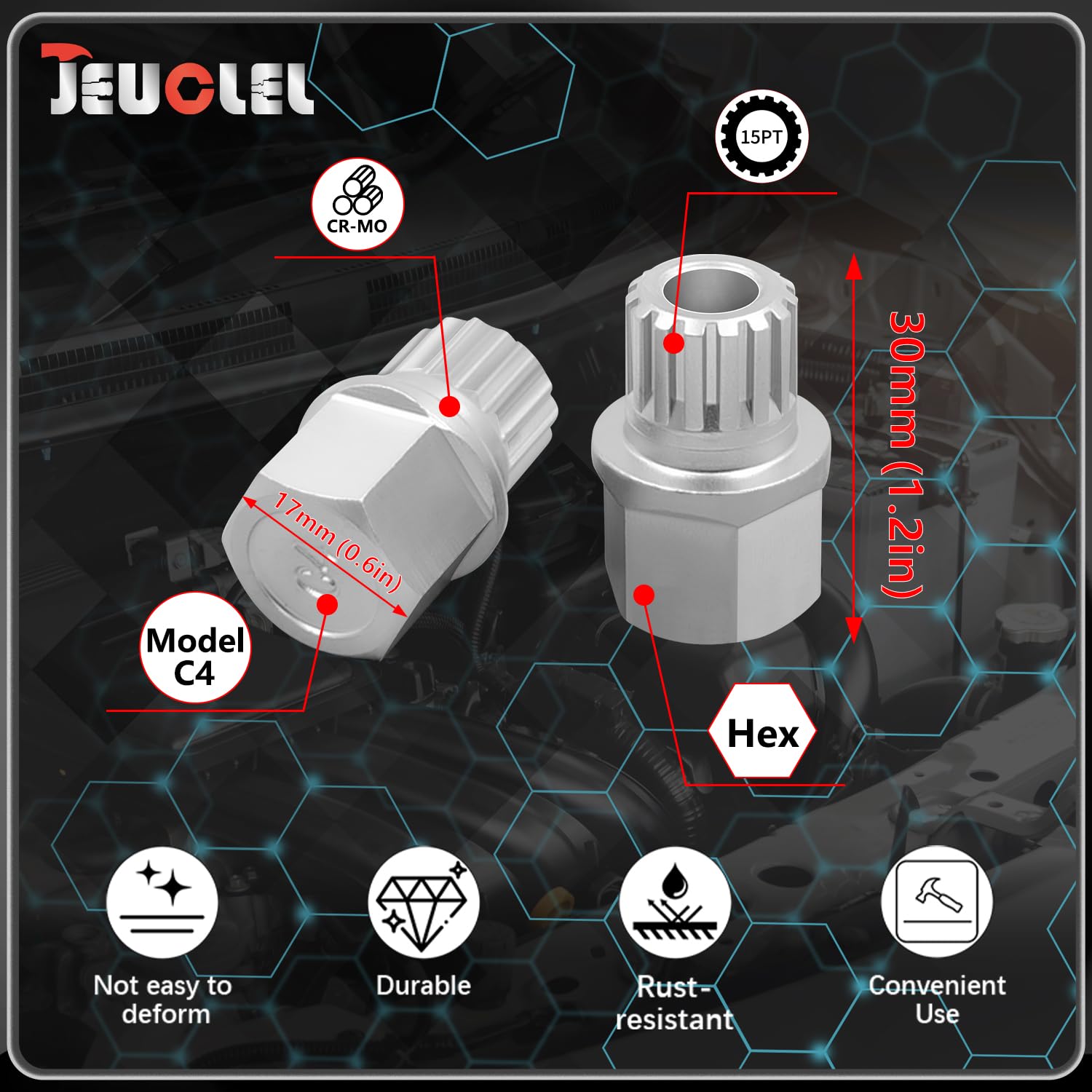 JEUCLEL sockets next to ruler showing scale for correct selection