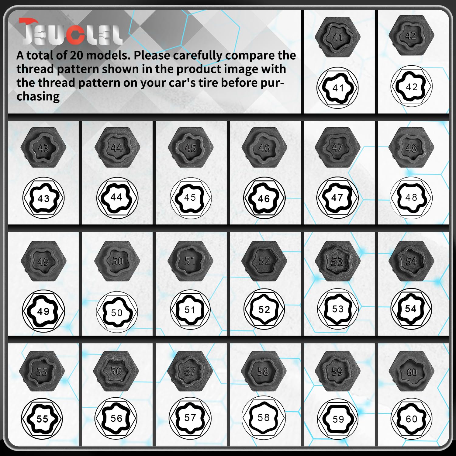 JEUCLEL close top view of 20 different sockets highlighting pattern variety