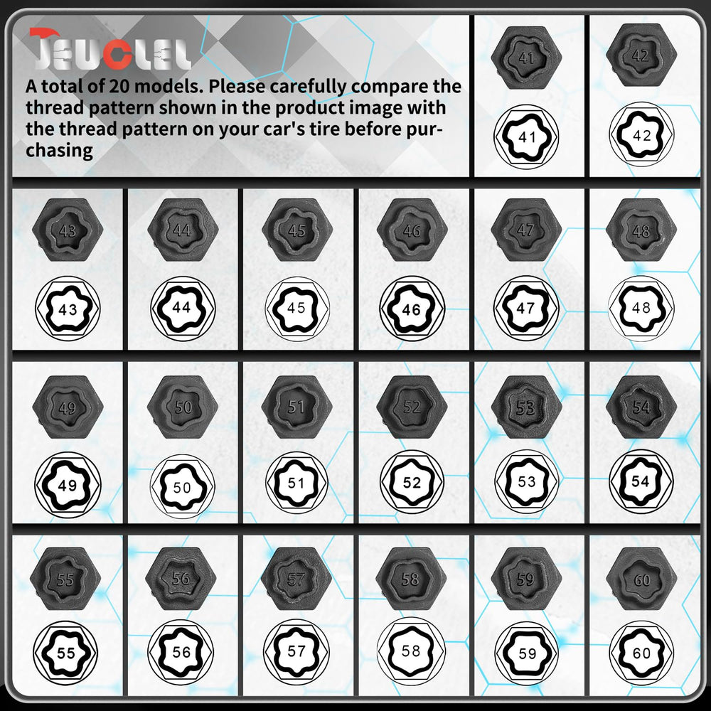 JEUCLEL close top view of 20 different sockets highlighting pattern variety