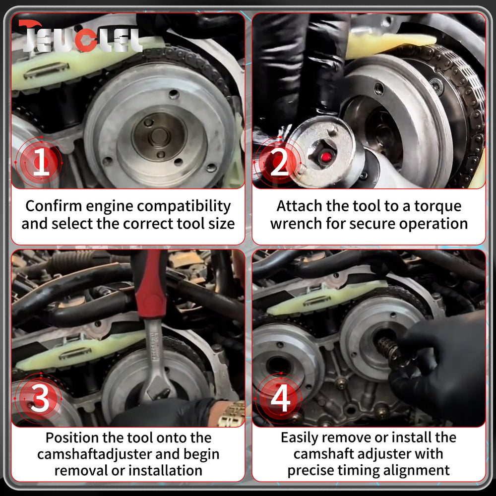JEUCLEL socket mounted on a camshaft adjuster demonstrating correct use