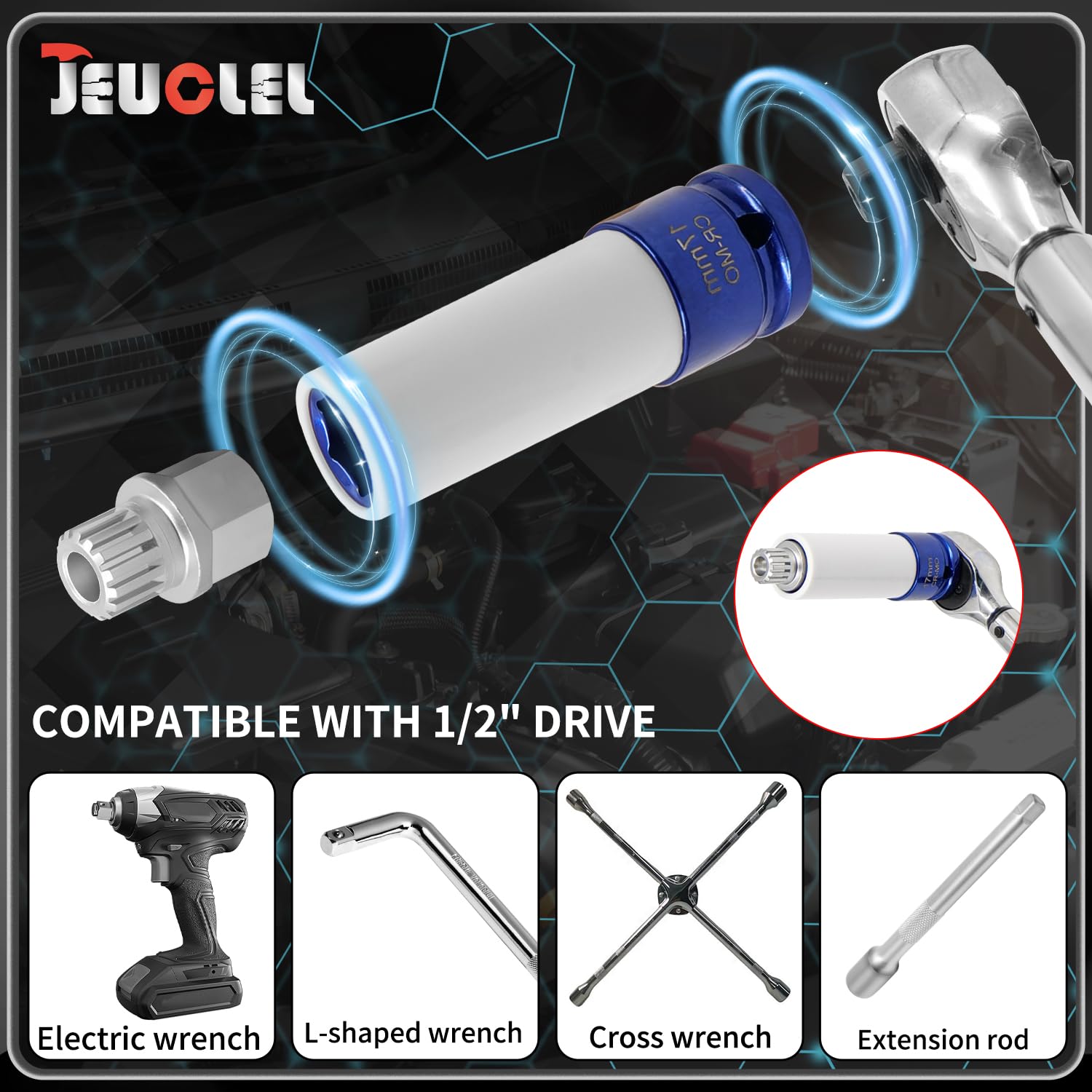 JEUCLEL socket engaged on wheel lock demonstrating removal capability