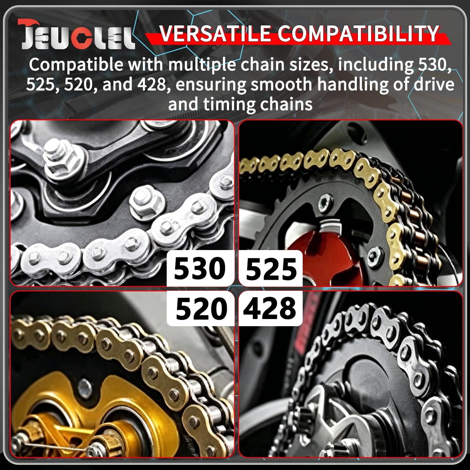 JEUCLEL tool in use on bicycle chain demonstrating clean pin removal benefit