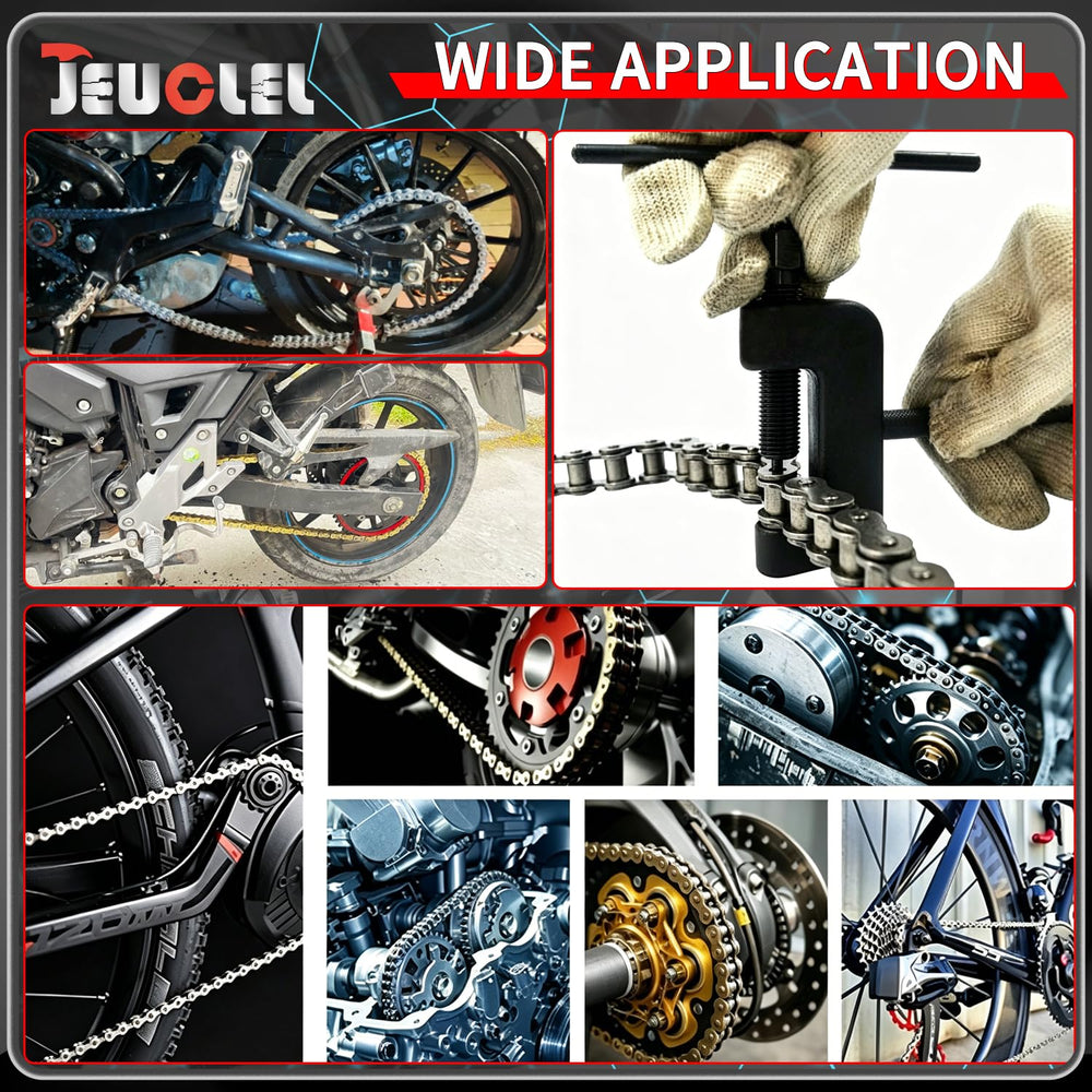 JEUCLEL tool in use on motorcycle chain showing heavy-duty pin pressing advantage