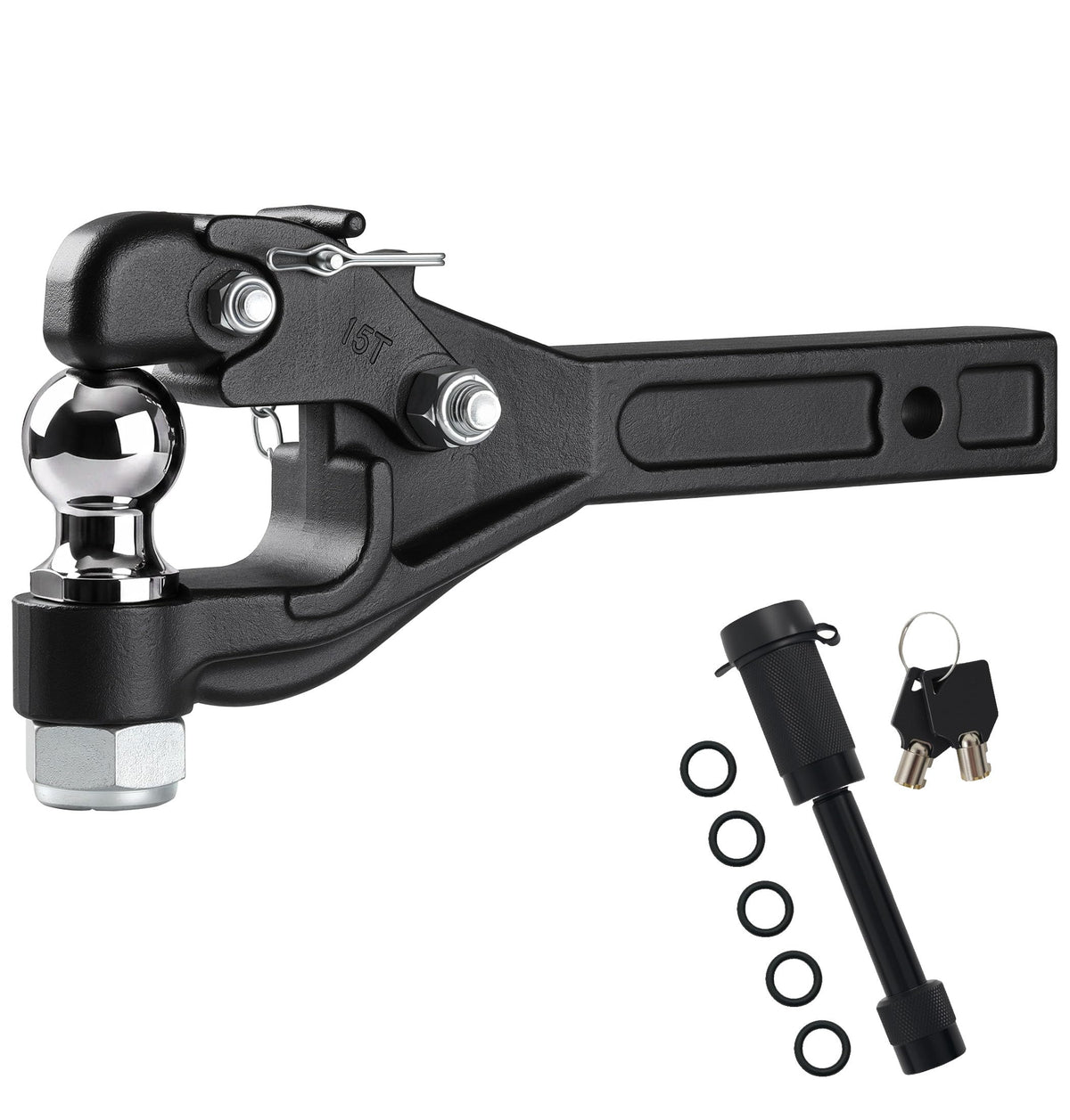 JEXTRA front view pintle hitch showing full assembly and heavy-duty shape benefits