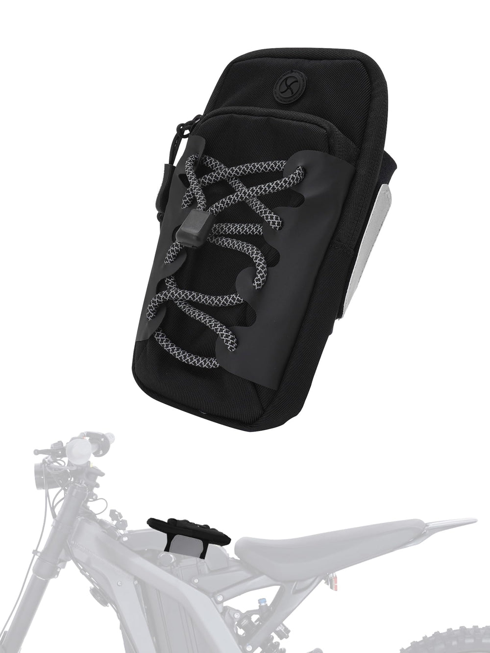 JFG RACING front view of black frame battery bag showing compact storage benefit