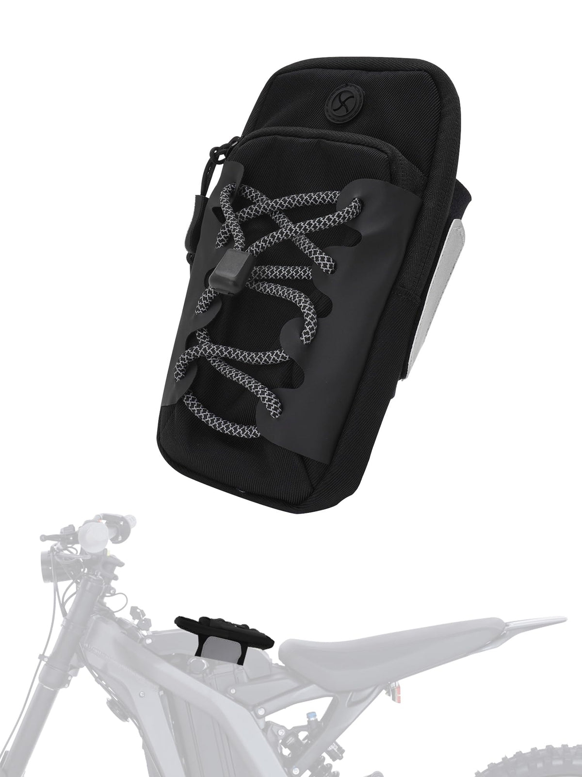 JFG RACING front view of black frame battery bag showing compact storage benefit