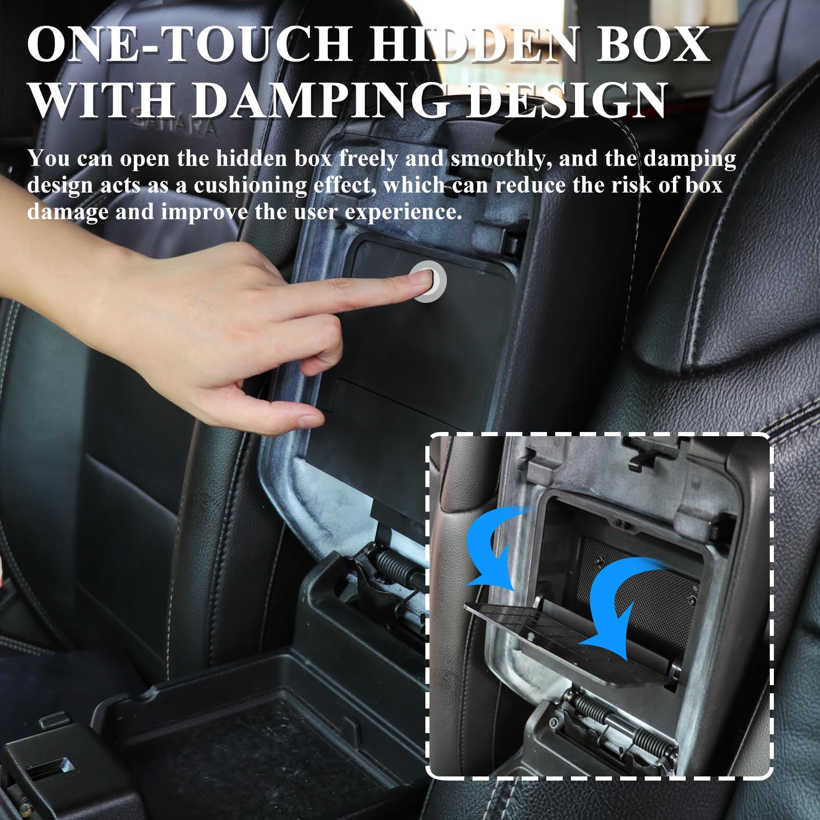 JHD-TOGO hidden box open inside Jeep Wrangler illustrating quick access