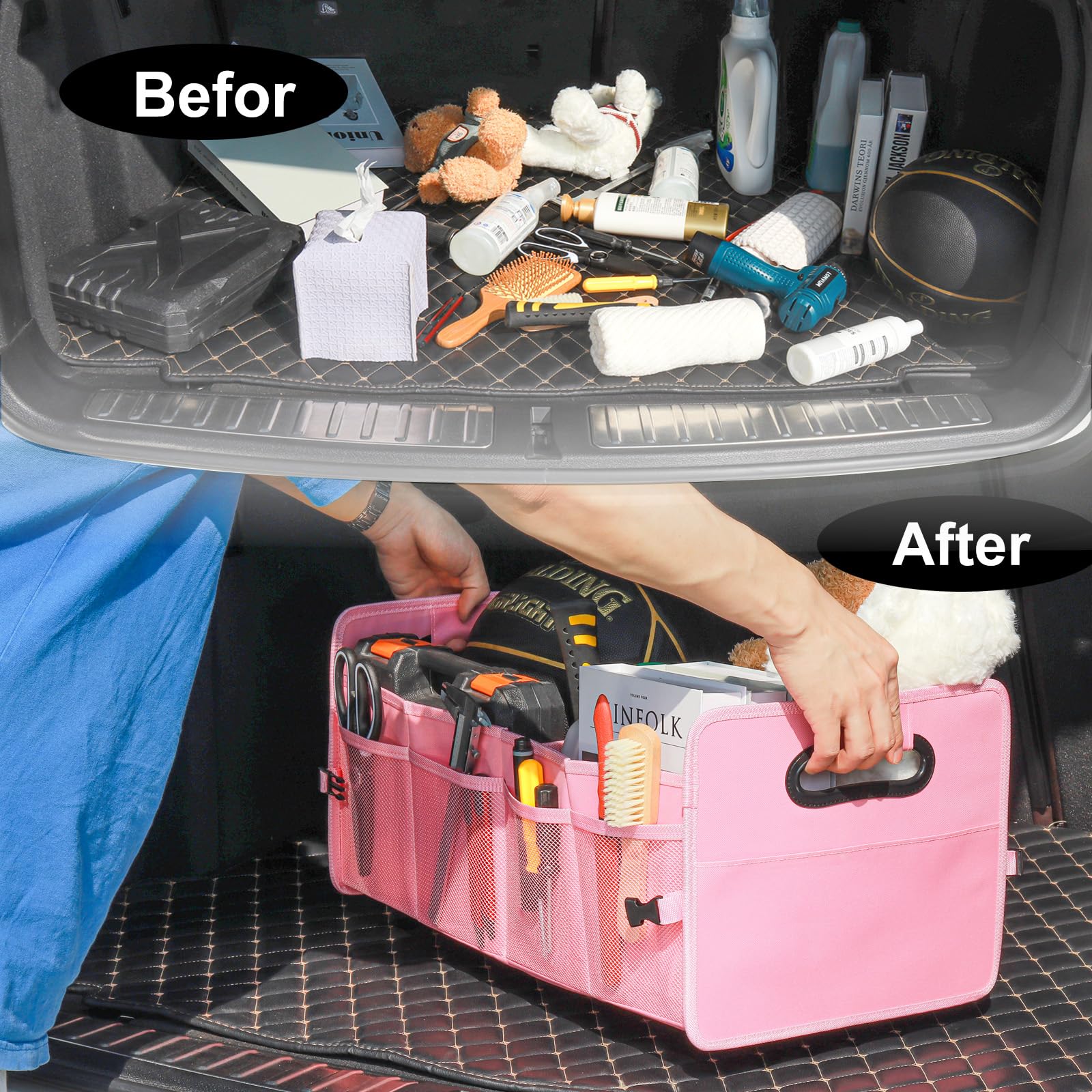 JiatuA lifestyle image in car on road trip showing tidy storage solution