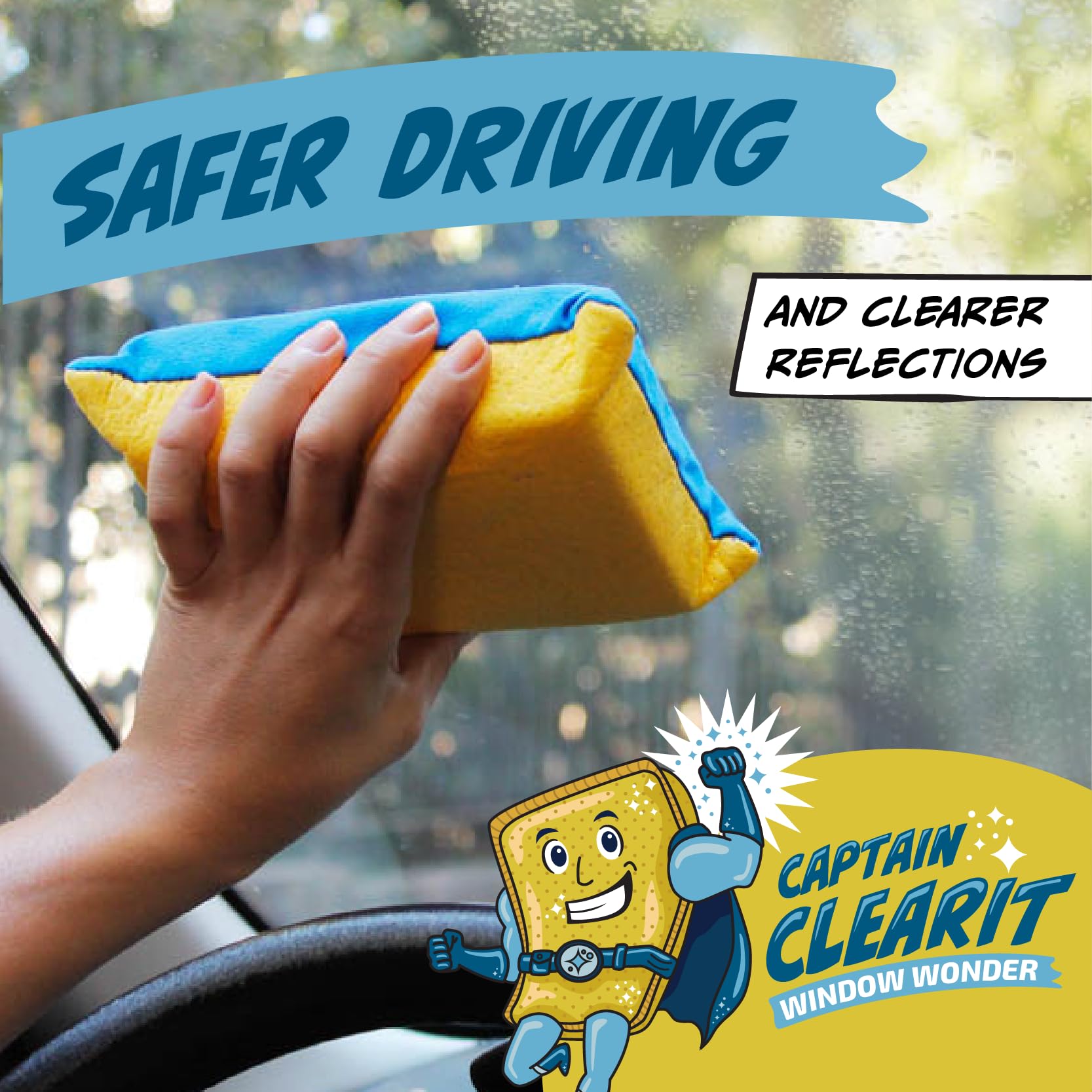 JJ KENT sponge clearing a car windshield demonstrating improved visibility benefit