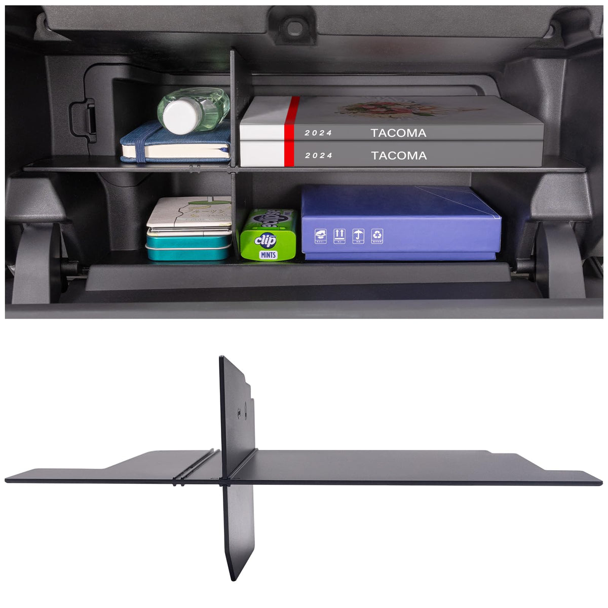JKCOVER front installed in Tacoma glove box showing tidy compartments and quick access