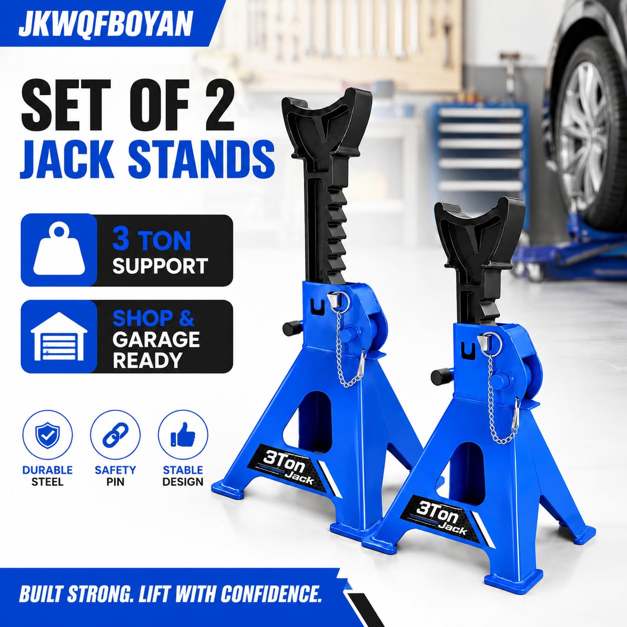 JKWQFBOYAN jack stand supporting an SUV in garage demonstrating practical use