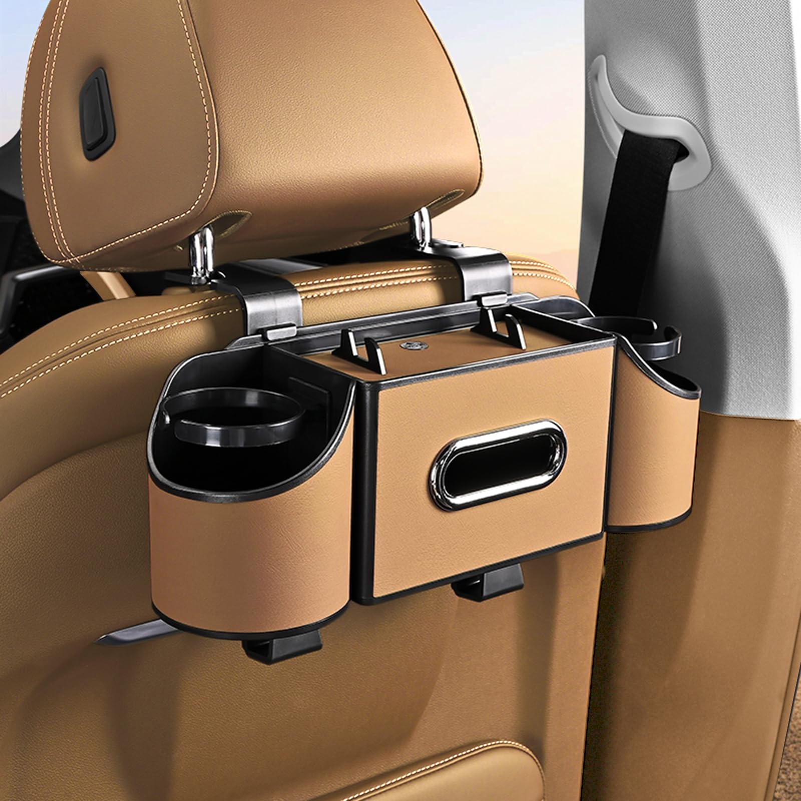 Joezhe front view of back seat organizer showing cup holders and tissue box for tidy storage