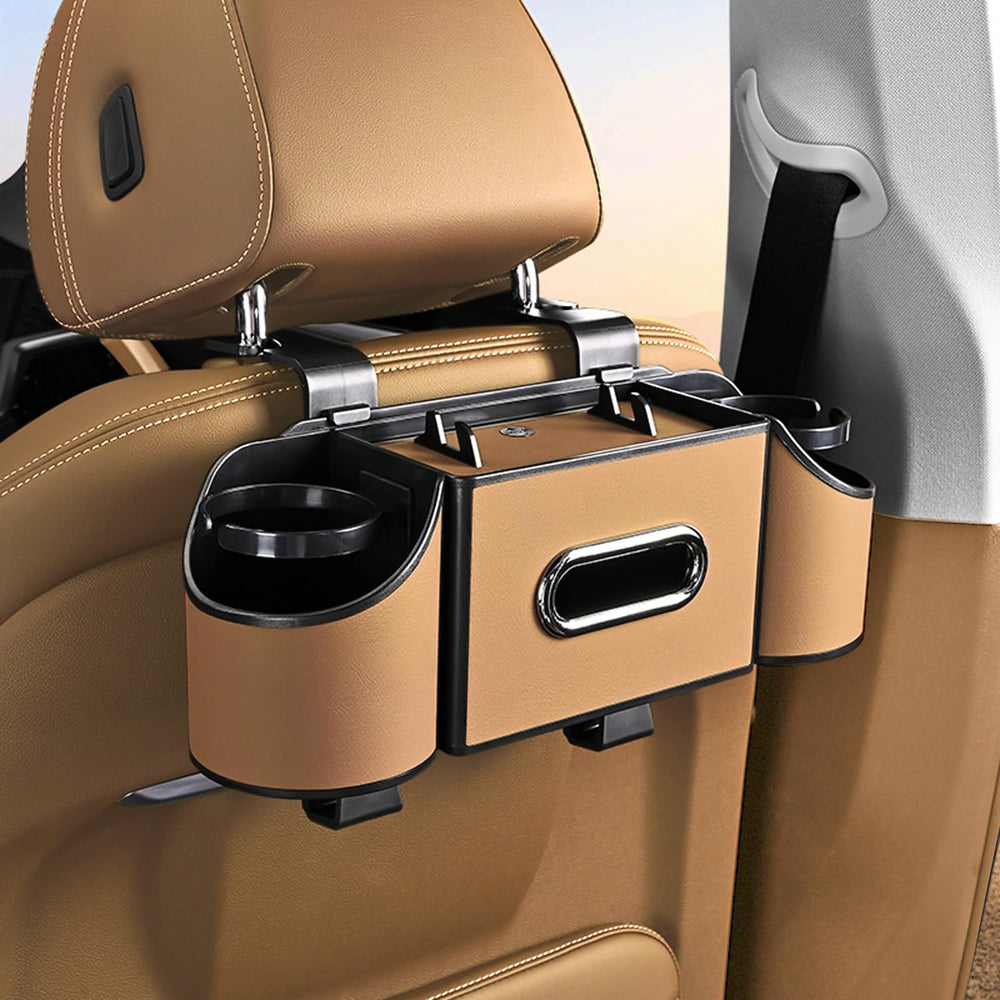 Joezhe front view of back seat organizer showing cup holders and tissue box for tidy storage