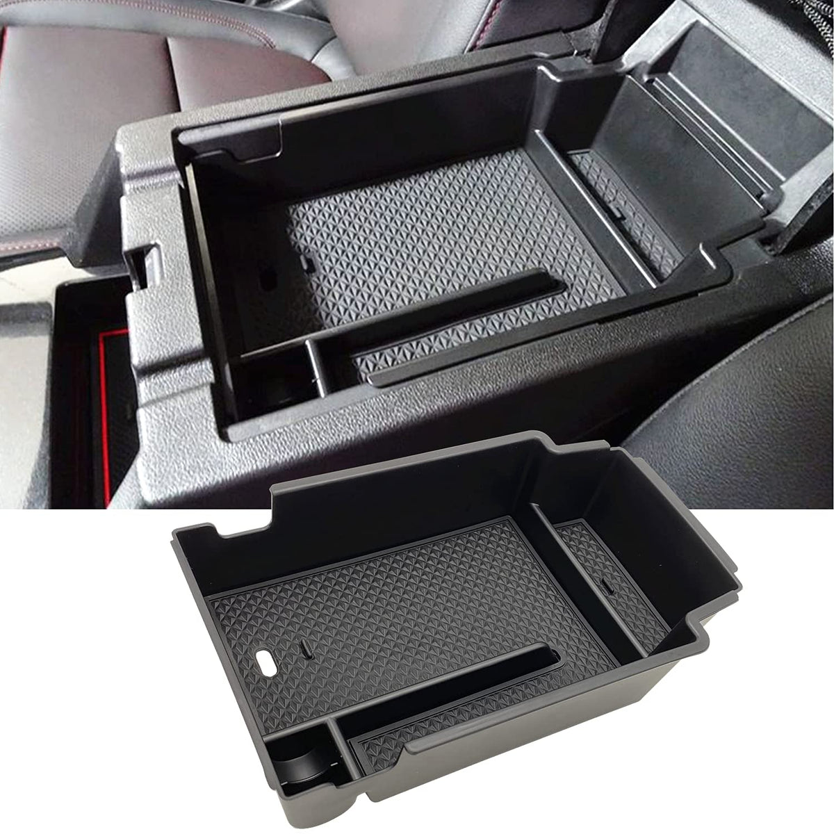 JOJOMARK front view of console tray showing organized storage and neat fit