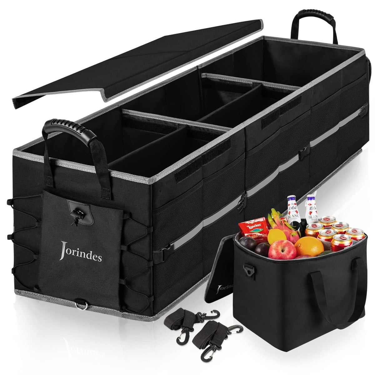 Jorindes front view of open trunk organizer showing compartments and tidy storage