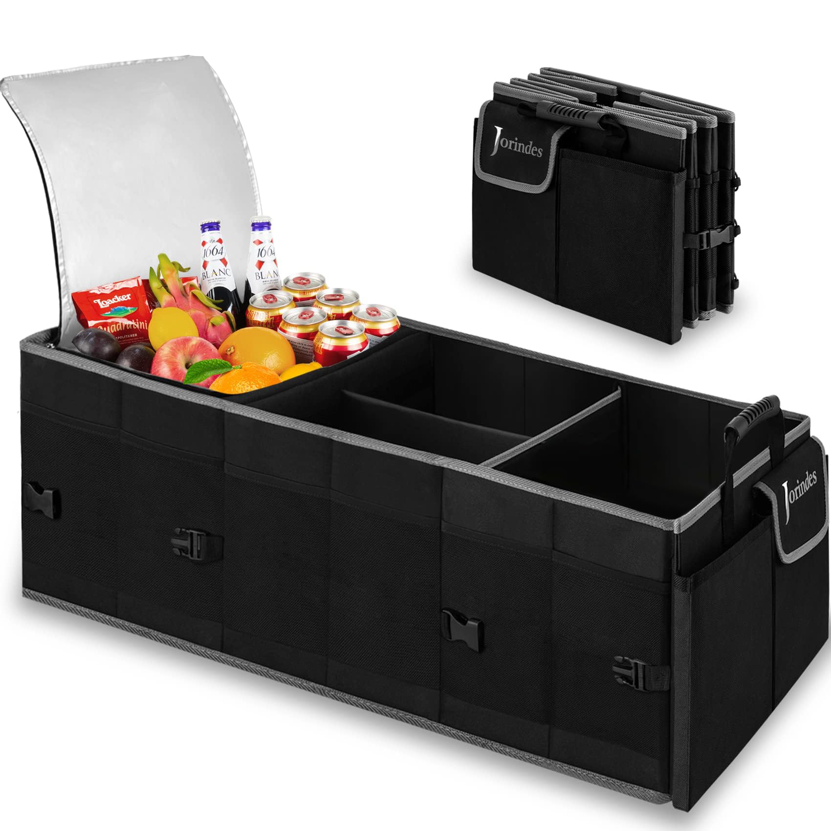Jorindes front view of organizer showing compartments and cooler benefit of tidy storage
