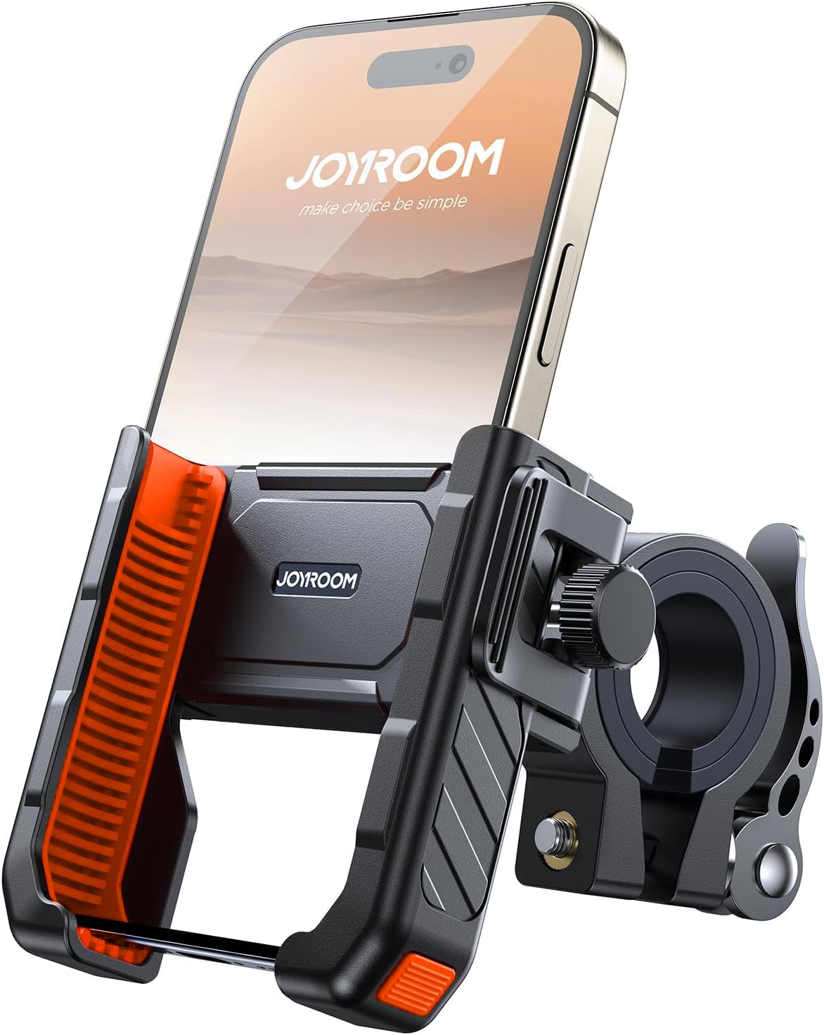JOYROOM front view on motorcycle handlebar showing secure mount and quick access