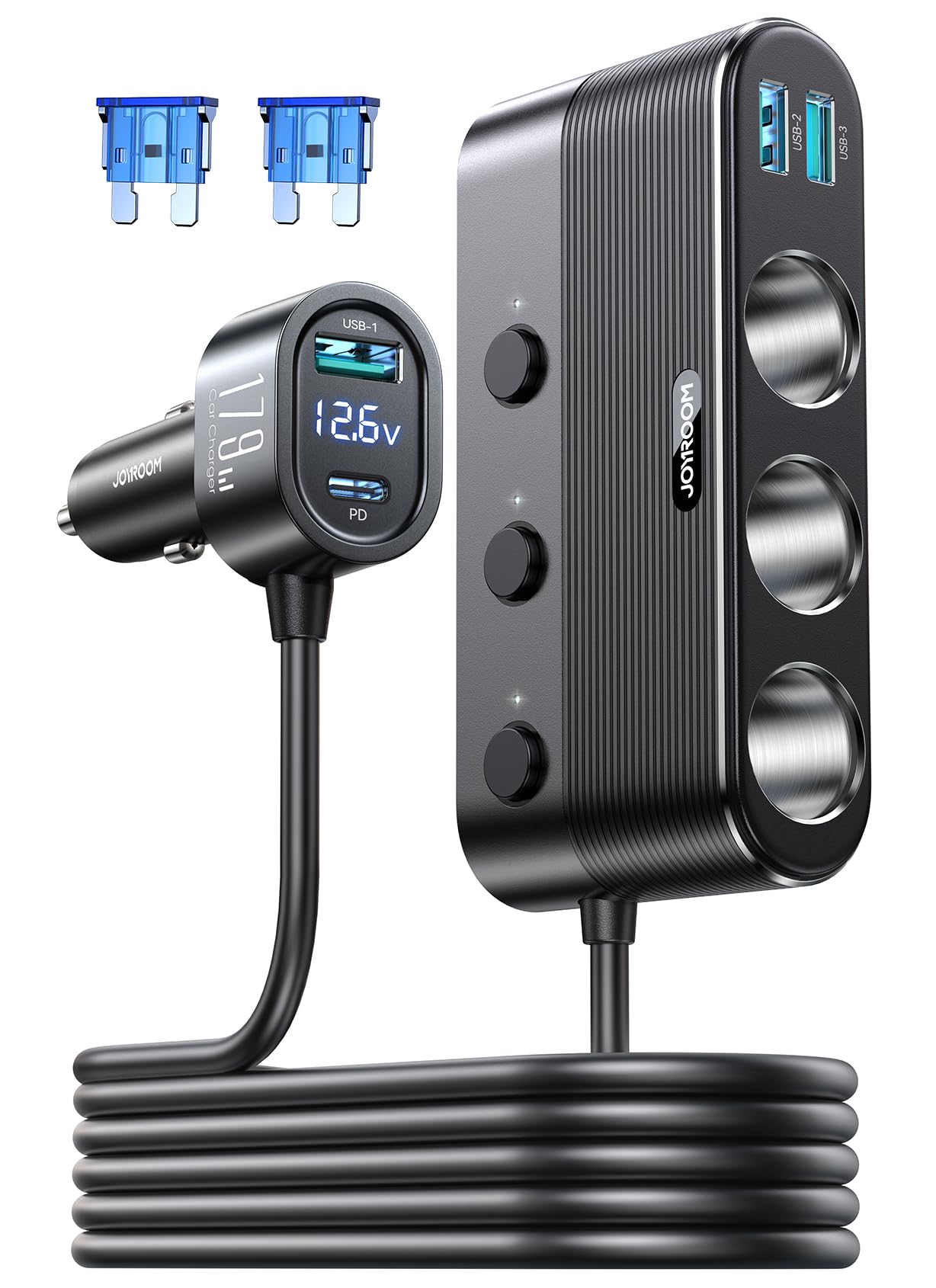 JOYROOM front view of 7-in-1 splitter showing ports and compact design for easy car use