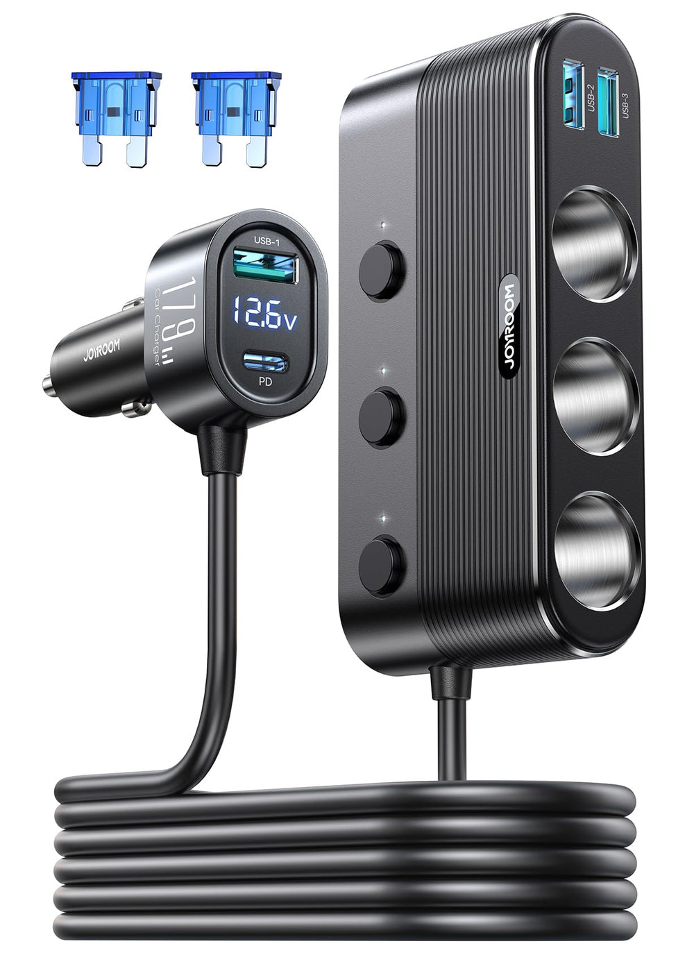 JOYROOM front view of 7-in-1 splitter showing ports and compact design for easy car use