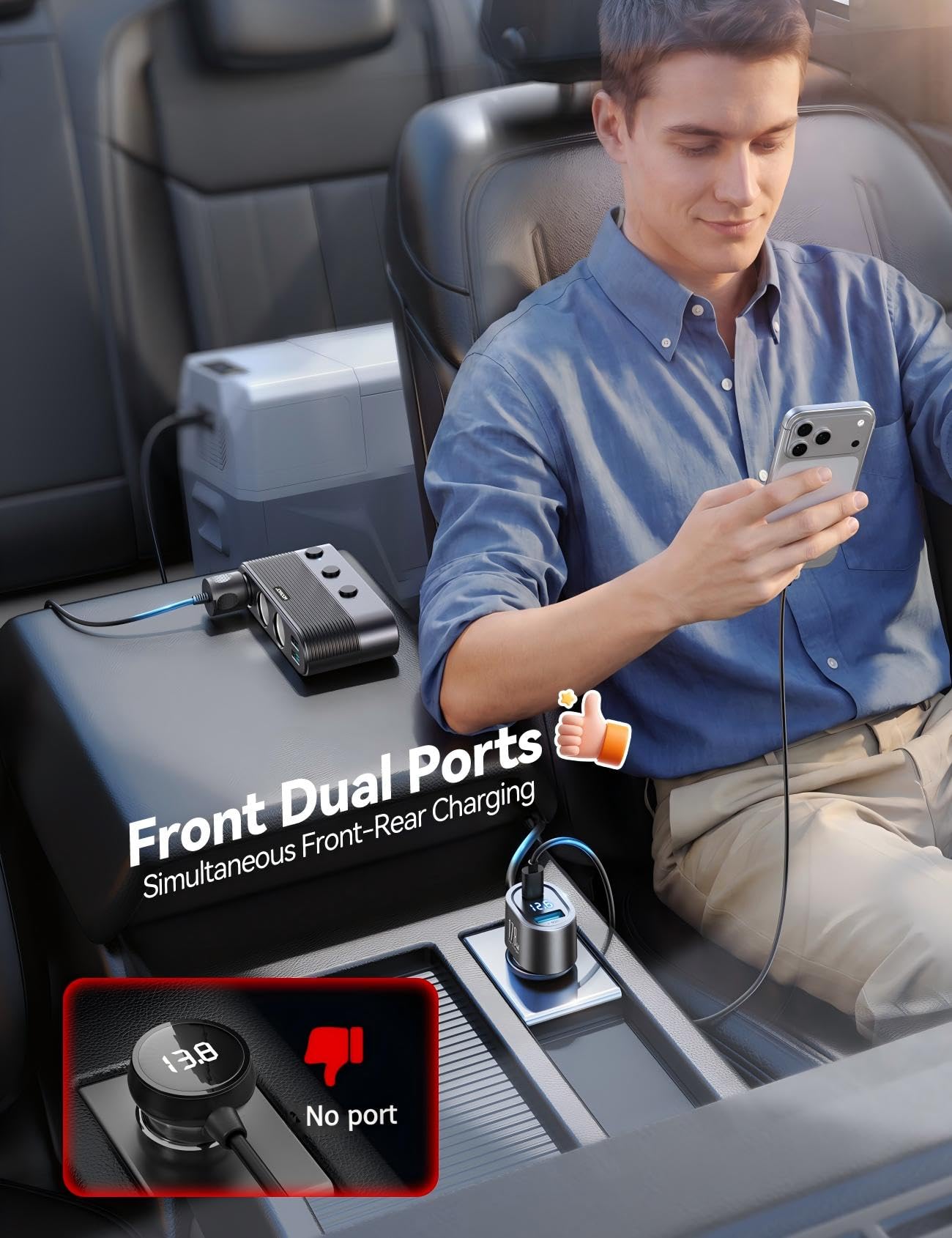 JOYROOM in-car setup with front and rear passengers charging devices conveniently