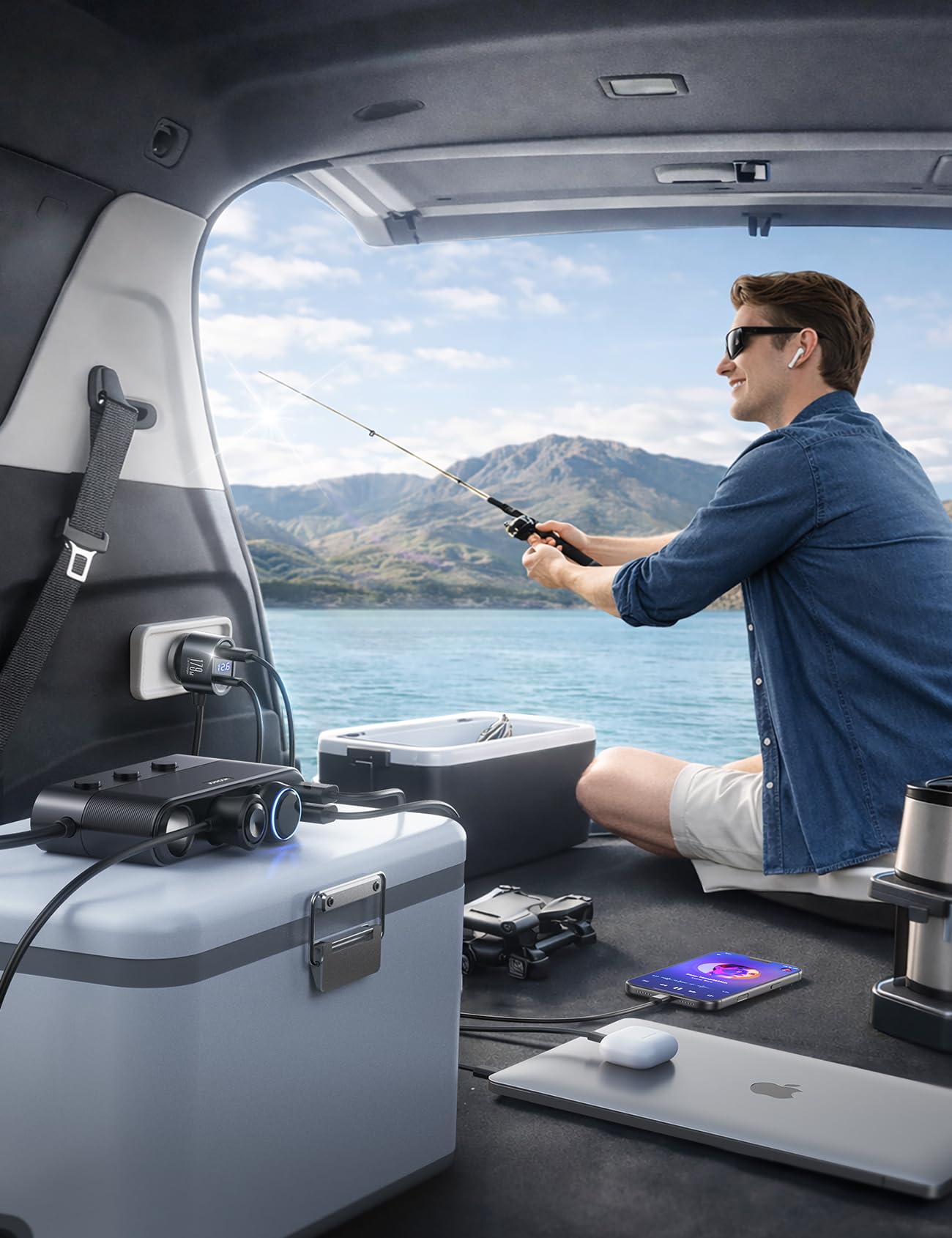 JOYROOM powering a handheld vacuum in a vehicle demonstrating appliance compatibility