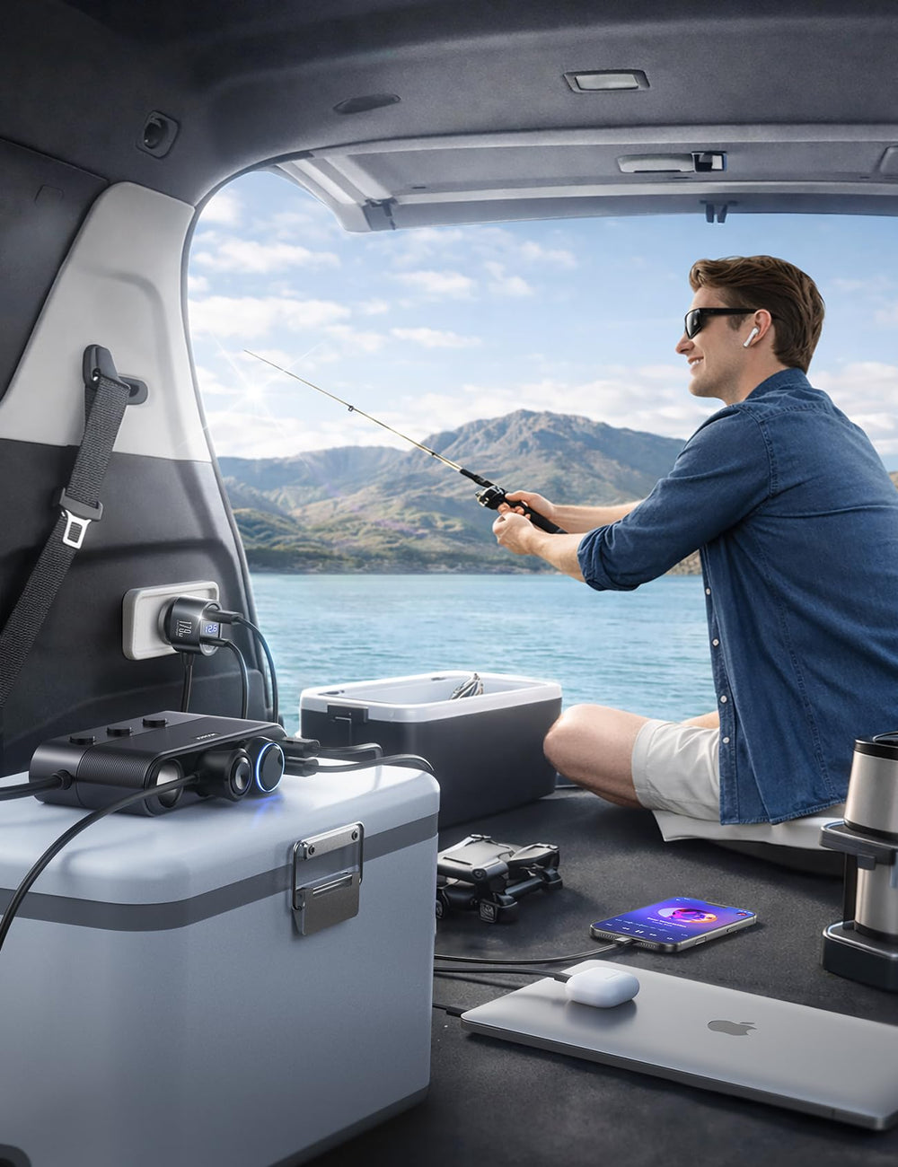 JOYROOM powering a handheld vacuum in a vehicle demonstrating appliance compatibility