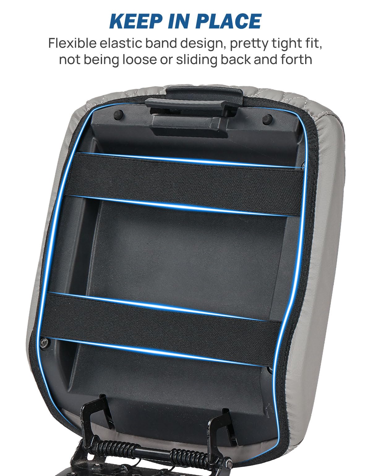 JOYTUTUS elastic edge fit under console showing secure anti-slip installation benefit