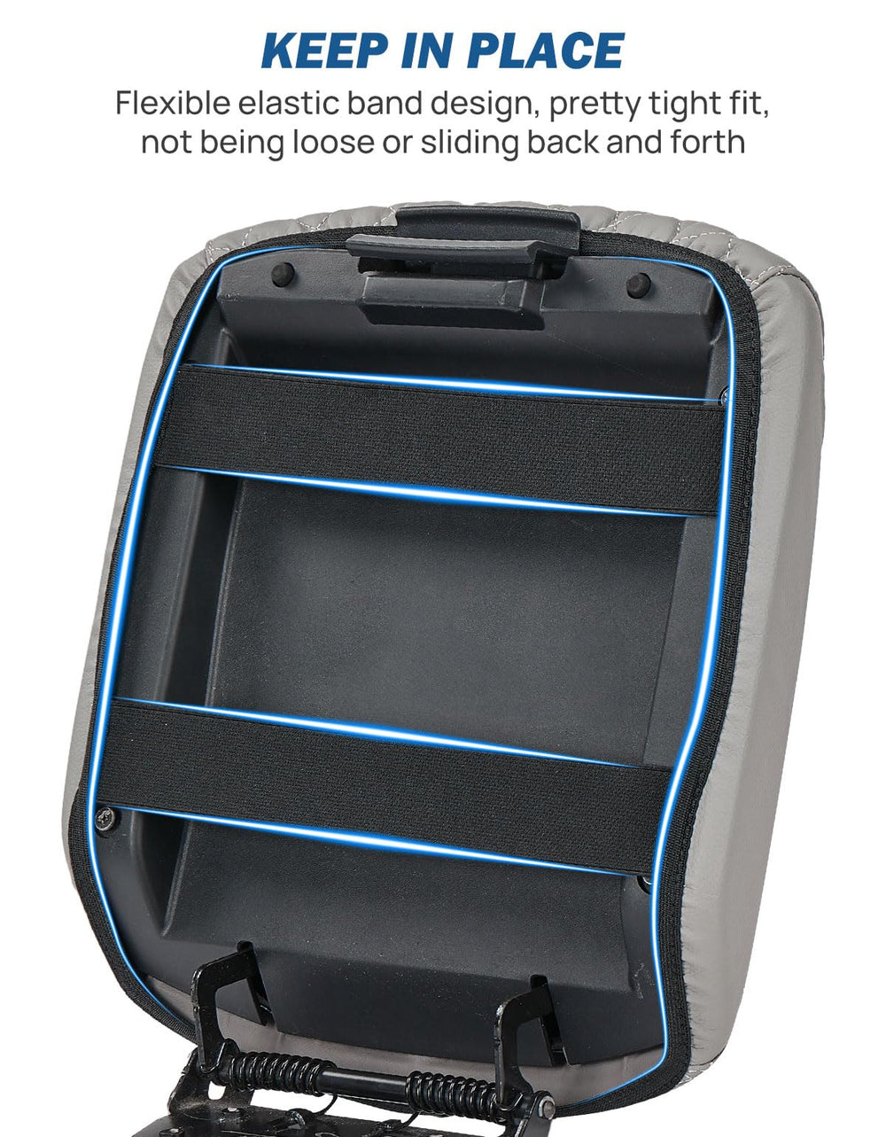 JOYTUTUS elastic edge fit under console showing secure anti-slip installation benefit