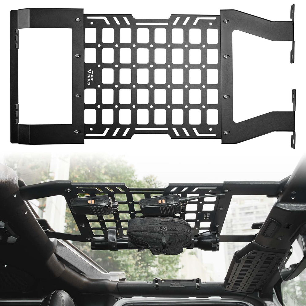 JOYTUTUS front-mounted view on Wrangler showing organized overhead storage benefits