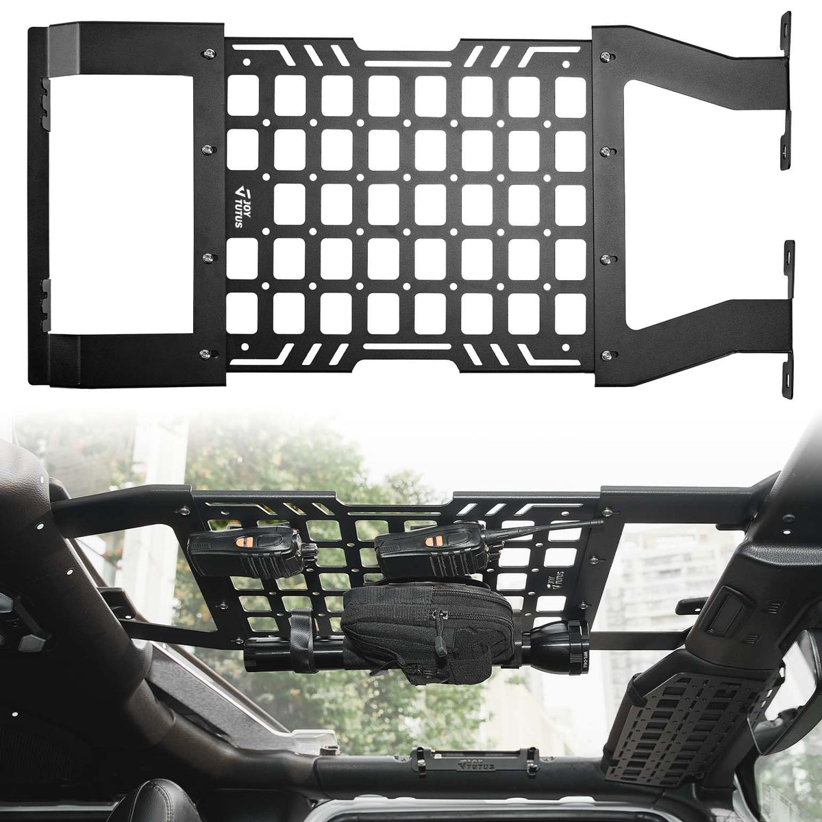 JOYTUTUS front-mounted view on Wrangler showing organized overhead storage benefits