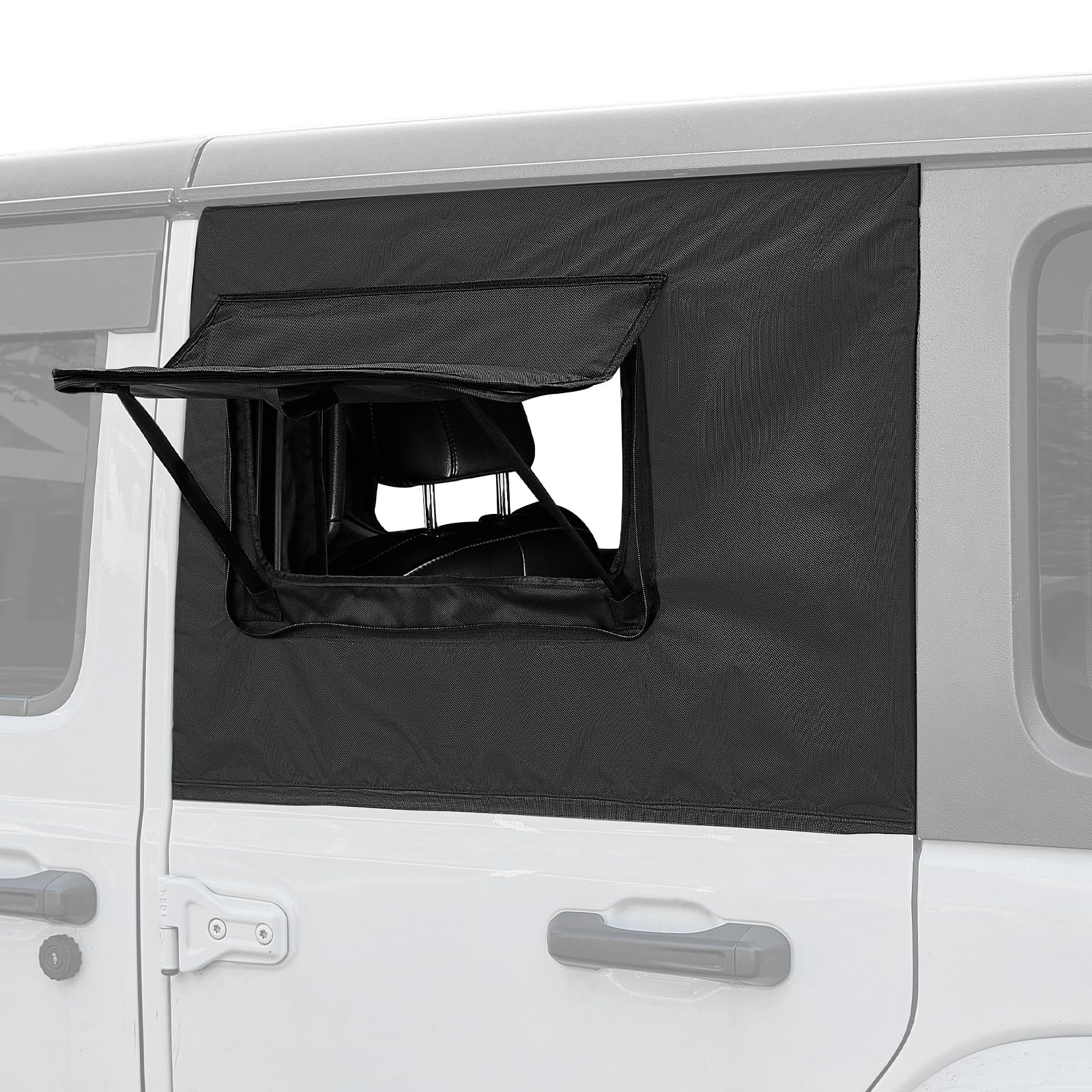 JOYTUTUS front view of rear side window cover showing fit and blackout benefit