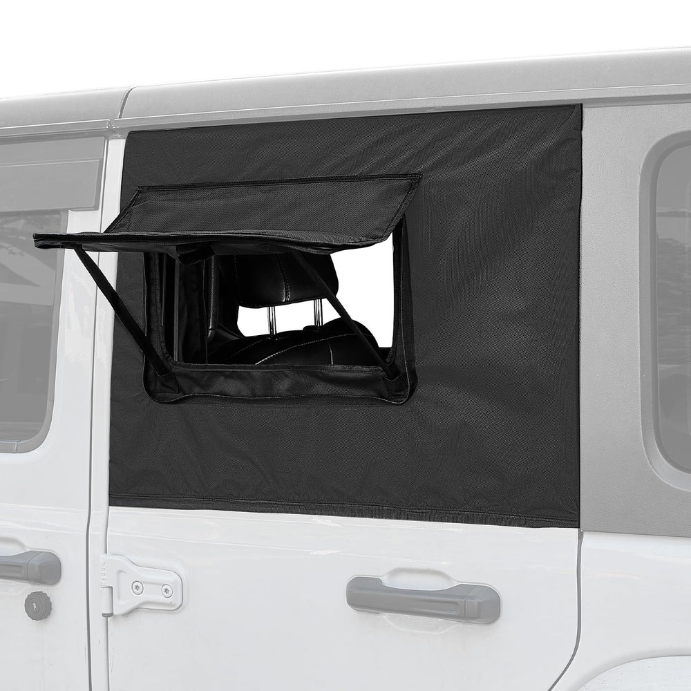 JOYTUTUS front view of rear side window cover showing fit and blackout benefit