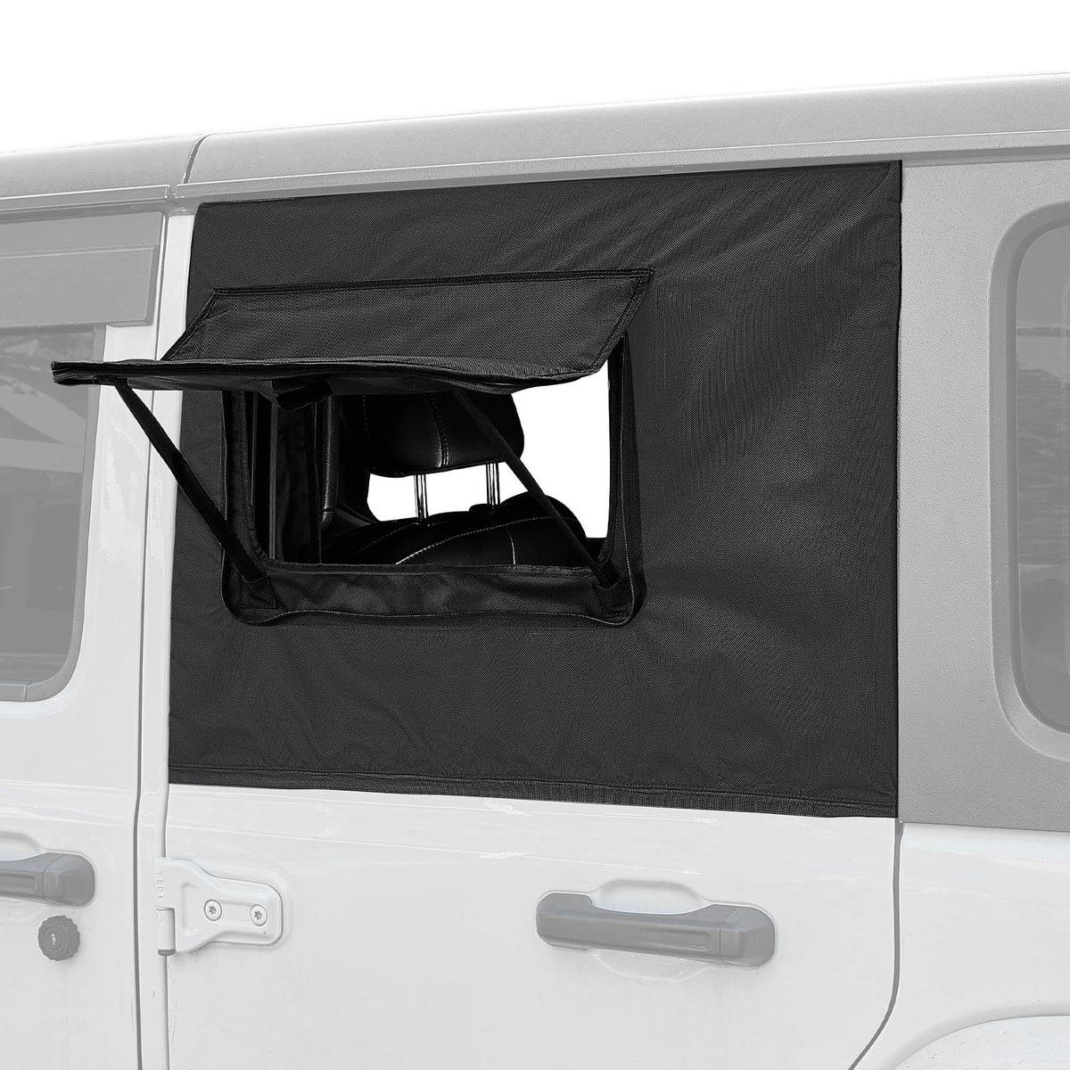 JOYTUTUS front view of rear side window cover showing fit and blackout benefit