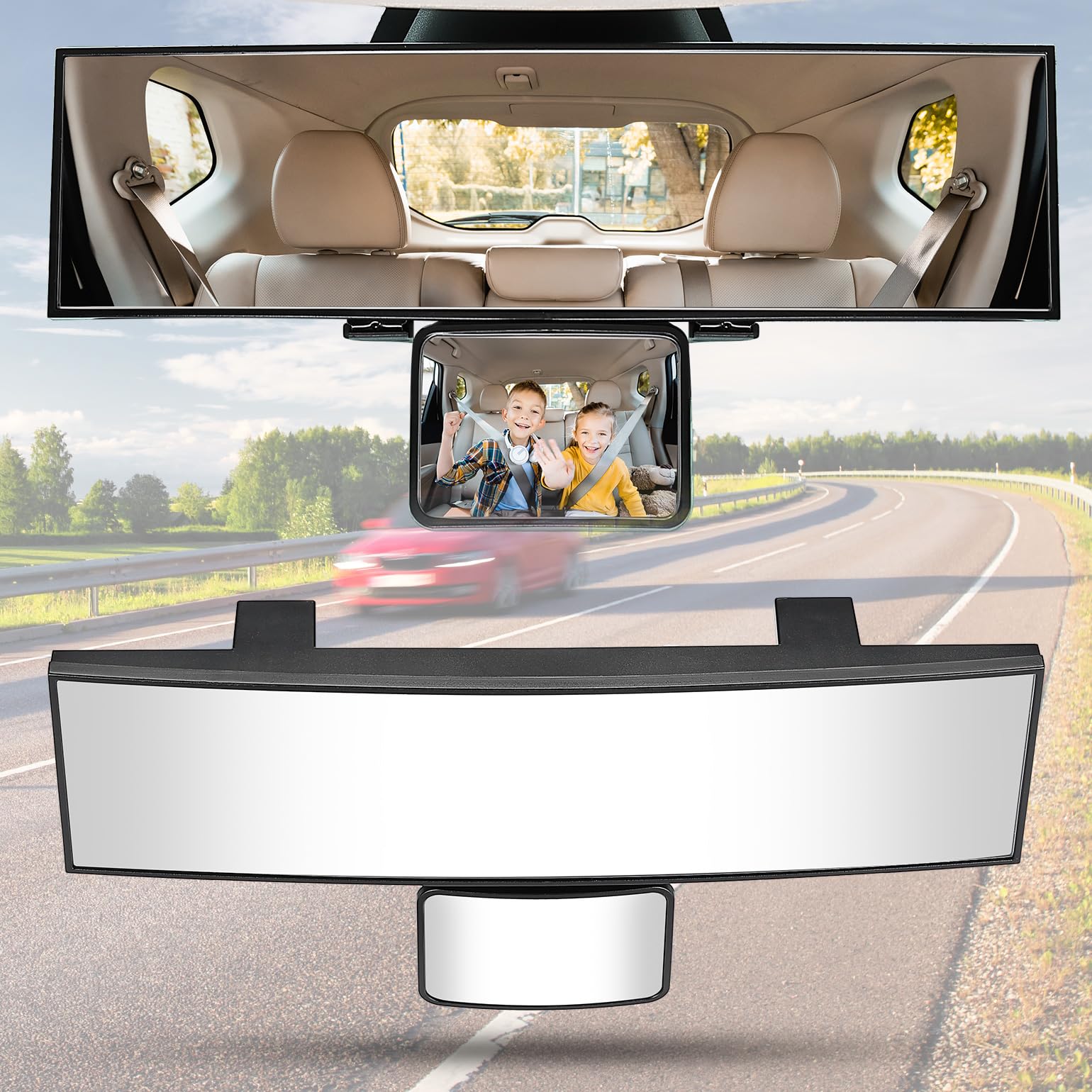 JOYTUTUS front view of 11-inch panoramic mirror showing wider rear coverage benefit