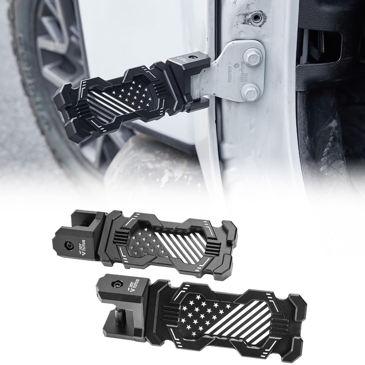 JOYTUTUS front view door hinge foot pegs showing durable aluminum finish and secure clamp