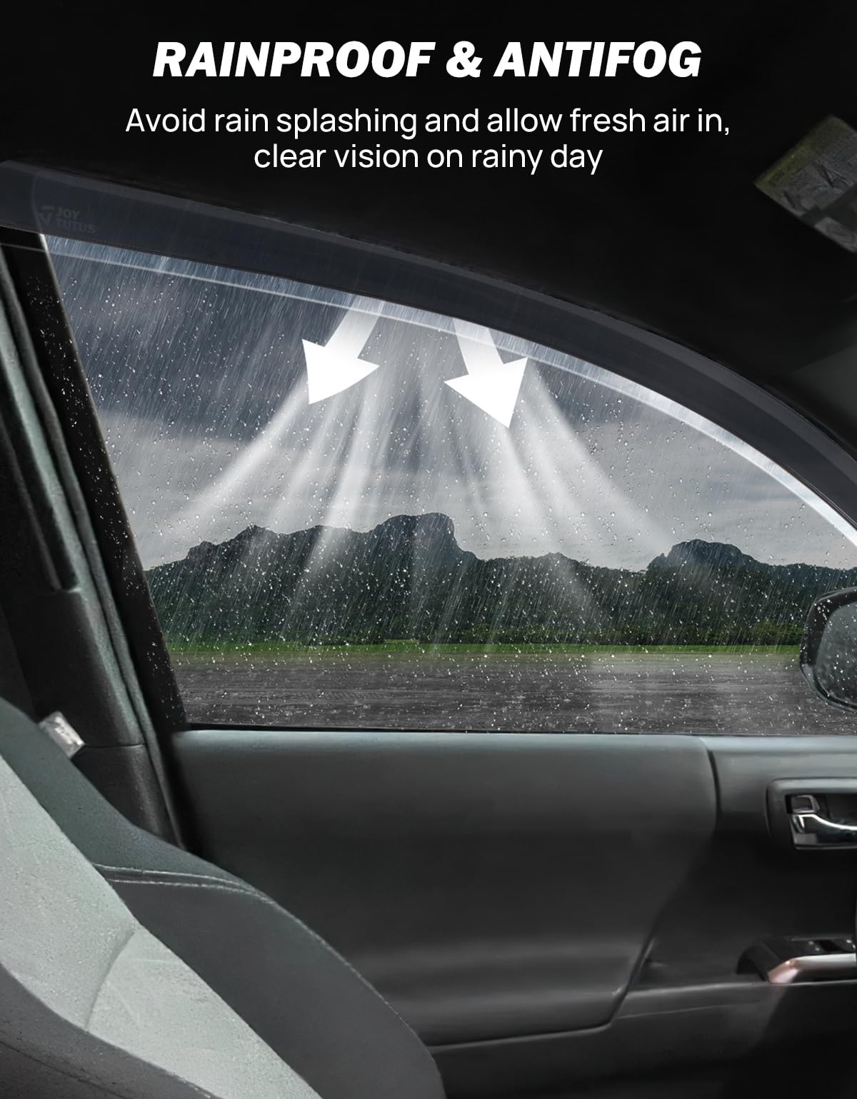 JOYTUTUS installed on driver window demonstrating rain protection benefit