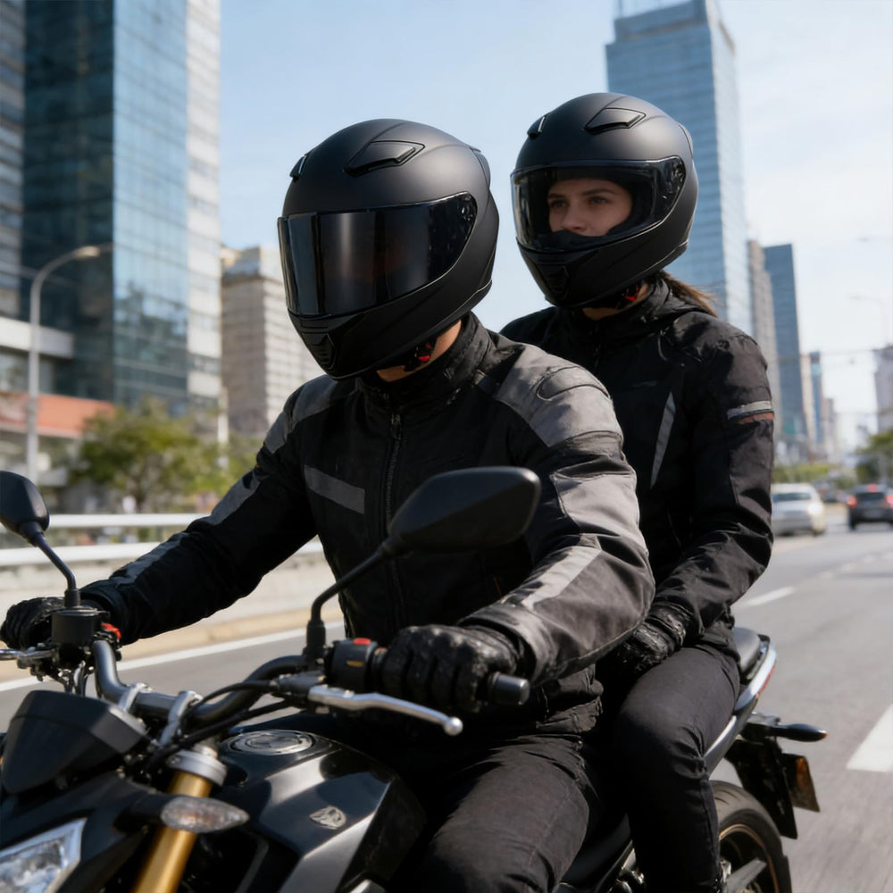 JQF Gear rider wearing helmet to show road-ready protection and style
