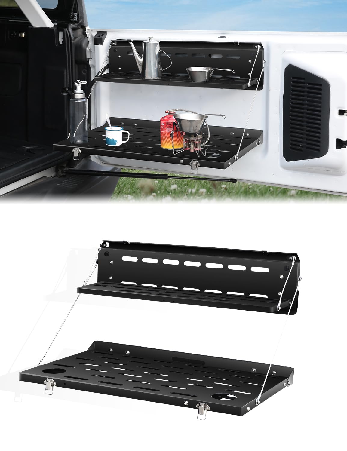 JROAD front view of tailgate table showing sturdy work surface benefit