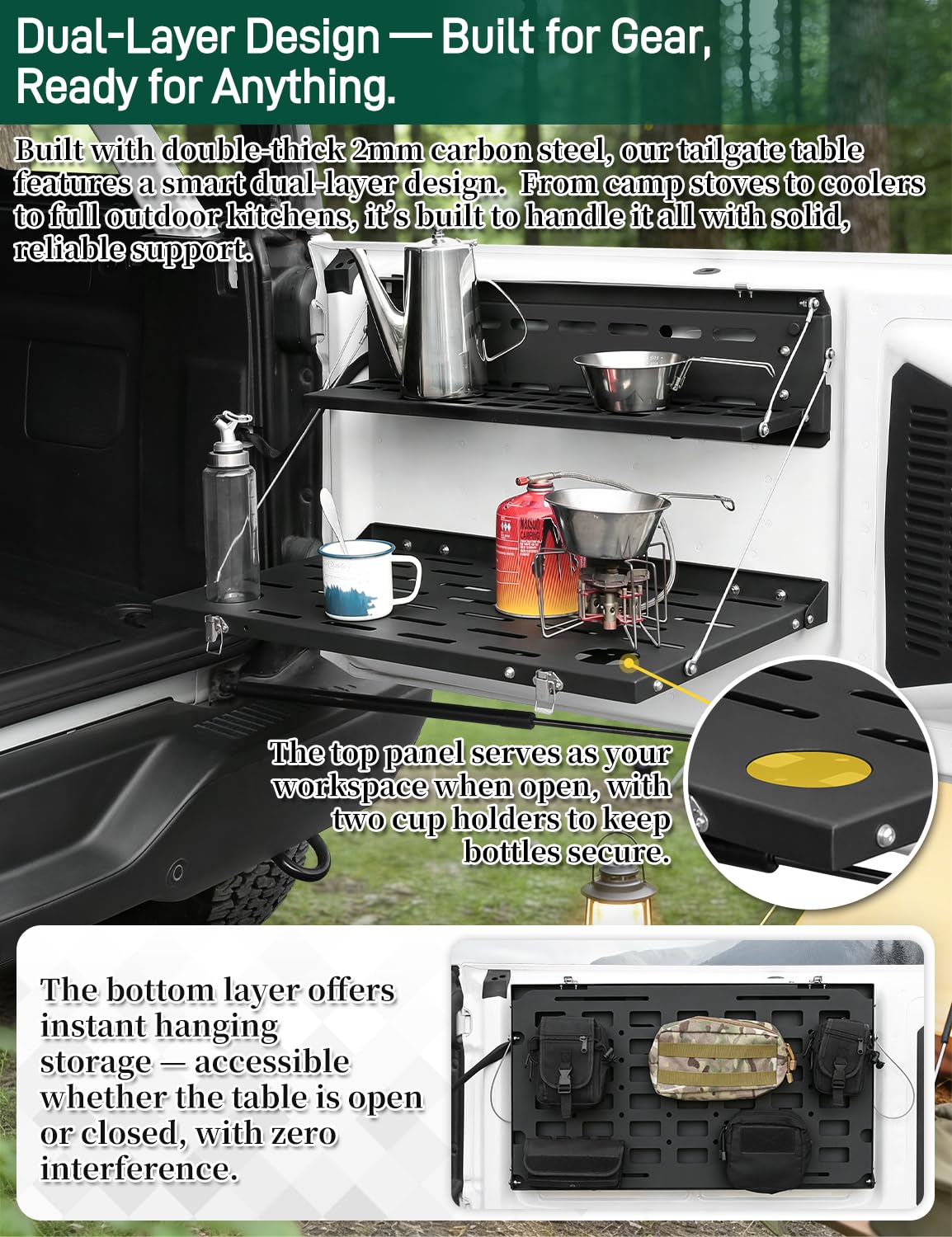 JROAD tailgate table used as camping kitchen providing meal prep convenience