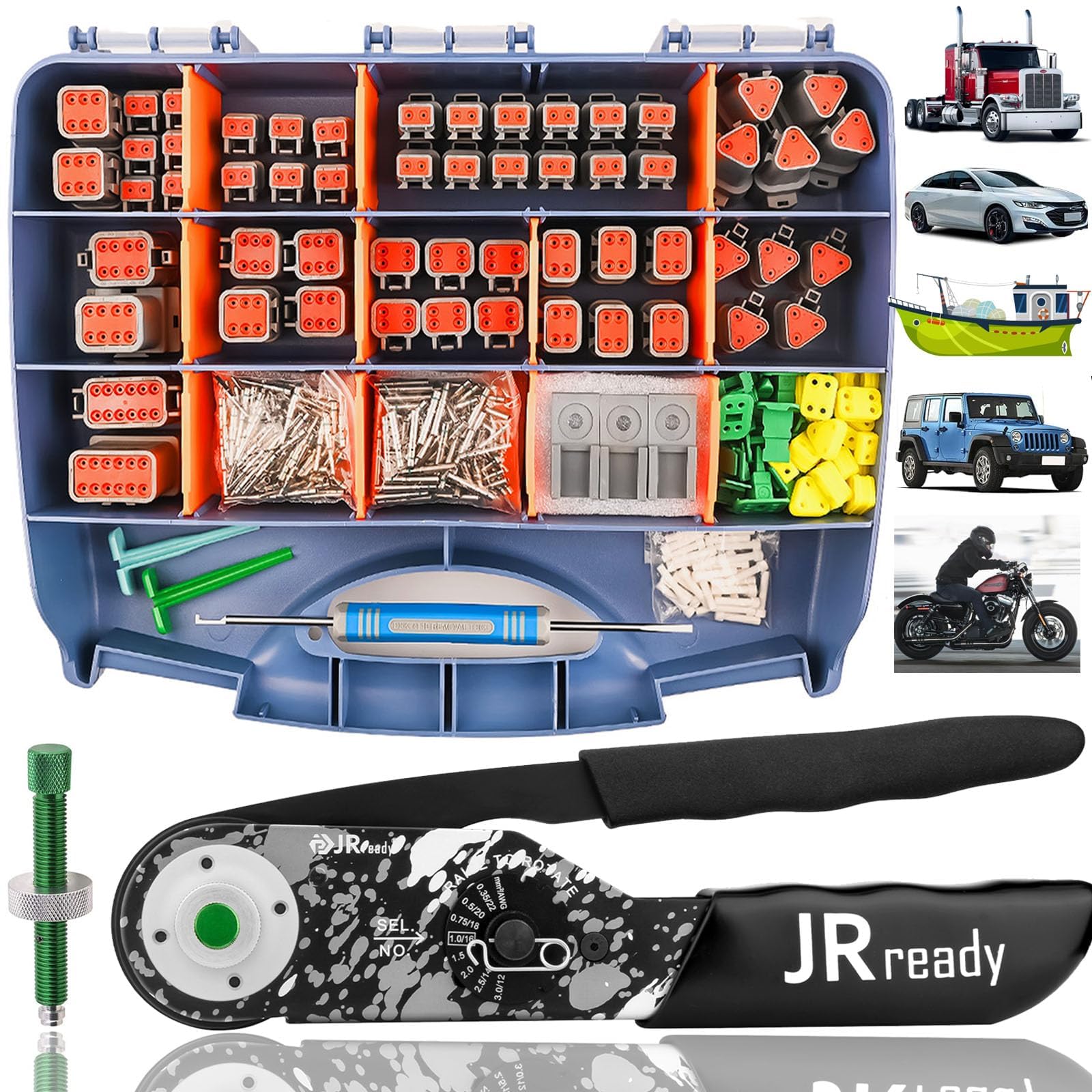 JRready front view of Deutsch connector kit showing complete contents and organization