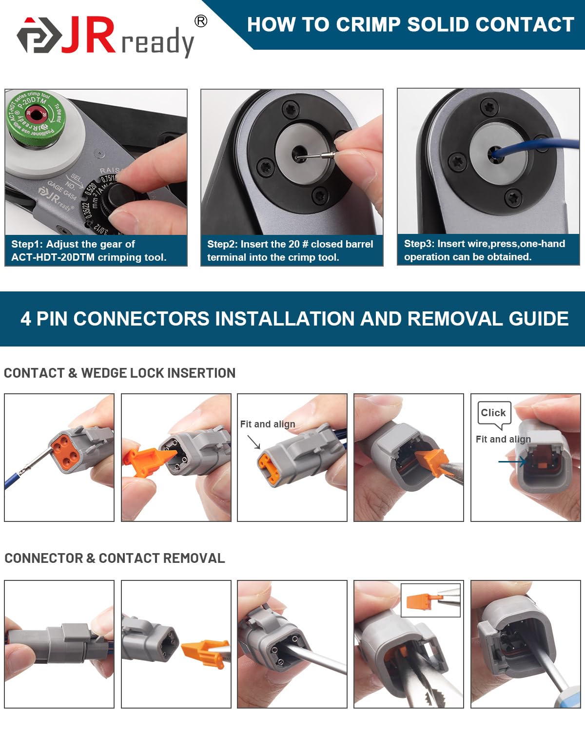 JRready contact being crimped with tool showing proper assembly technique and secure crimp