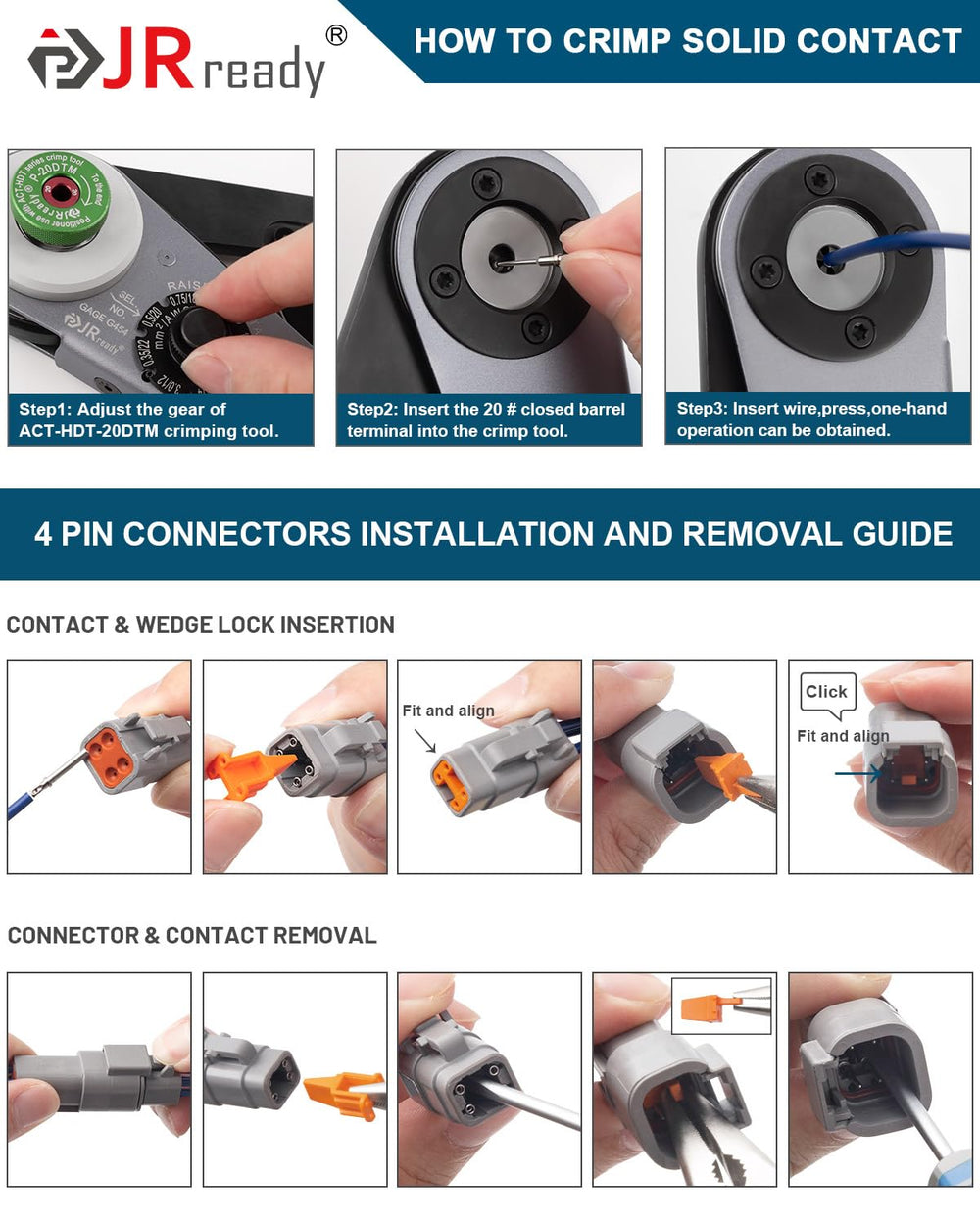 JRready contact being crimped with tool showing proper assembly technique and secure crimp