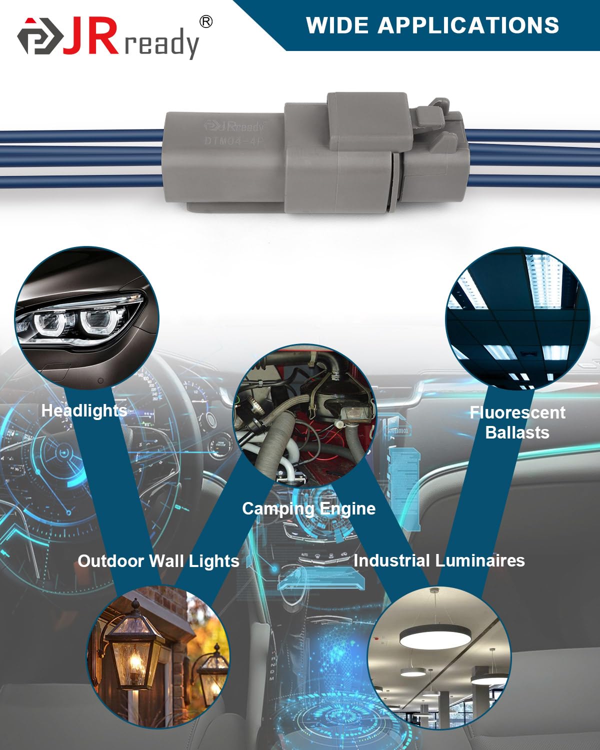 JRready DTM connector mounted under vehicle hood showing robust, weather-resistant installation