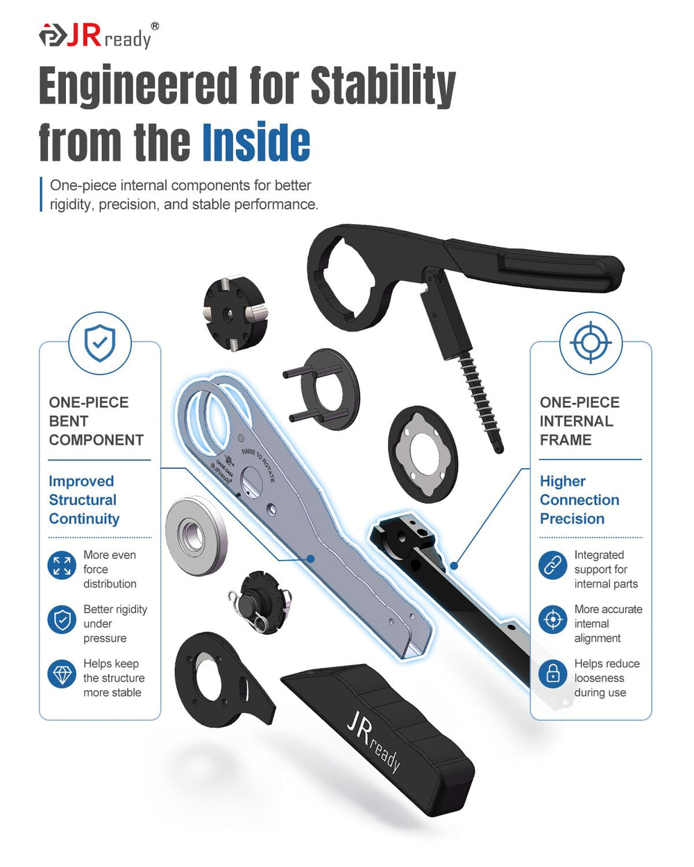 JRready tool in hand for scale demonstrating single-handed, low-force operation