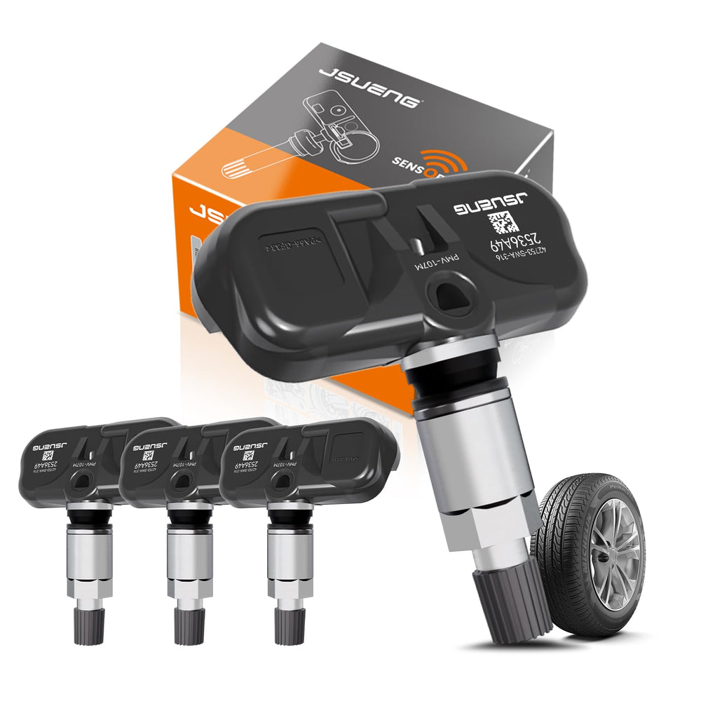 Jsueng front view of four TPMS sensors showing package contents and ease of replacement